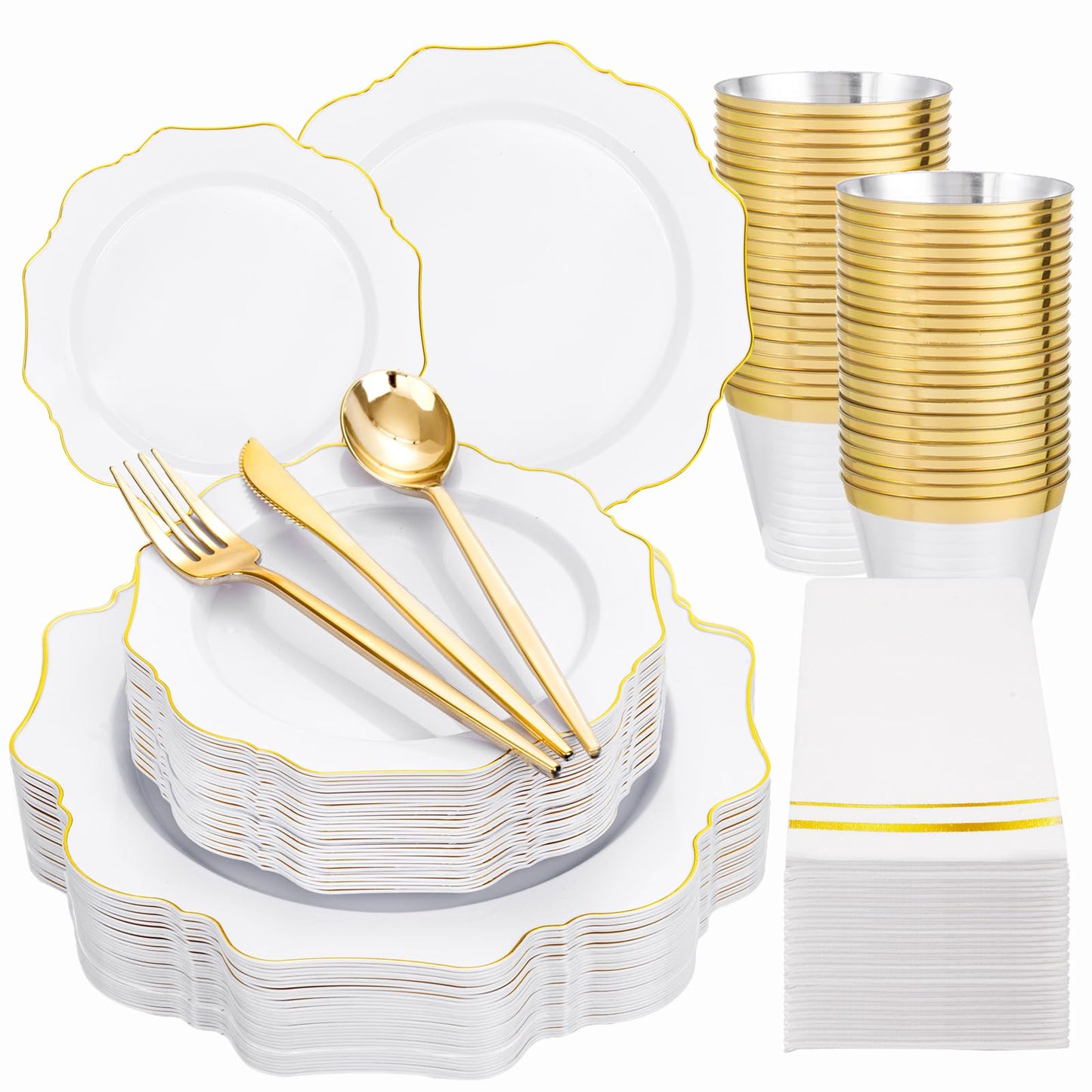 WDF 175Pcs Gold Plates Disposable - White and Gold Plastic Plates 25guest Plastic Dinnerware Ideal for Party/Wedding/First Communion/Spring/Mother's Day