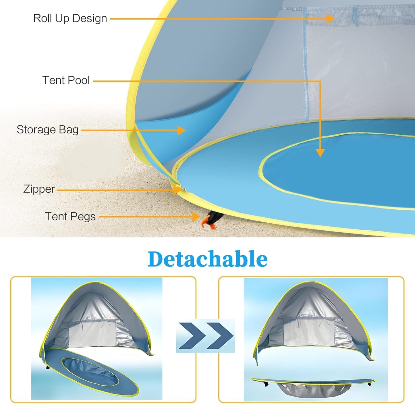 Baby Beach Tent with Pool, Pop Up Beach Tent Sun Shade for Infant Toddlers, Portable UV Protection Shade with Carry Bag for Outdoor Travel, Camping