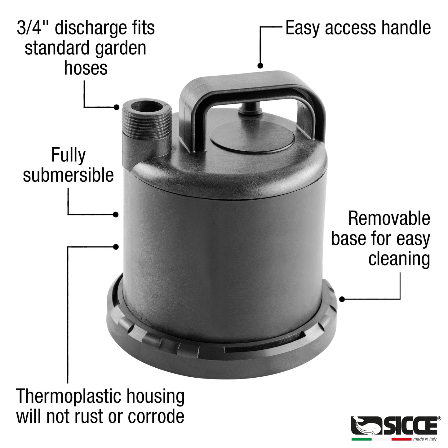 SICCE Ultra Zero 793 GPH Multi-Purpose Water Pump | Garden Hose Connection Portable Handle | Ultra Quiet Durable Aquarium Fish Tank Fountain Pond Hydroponics Terrarium Black | Freshwater & Saltwater