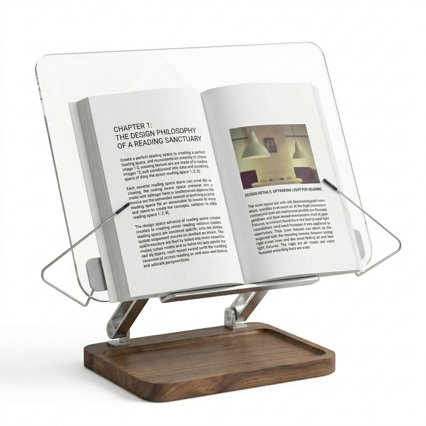 muso wood Acrylic Book Stand for Reading, Adjustable Book Holder with Walnut Storage and Elastic Clips, Desktop Riser Stand for Cookbook, Magazine, Tablet, Laptop