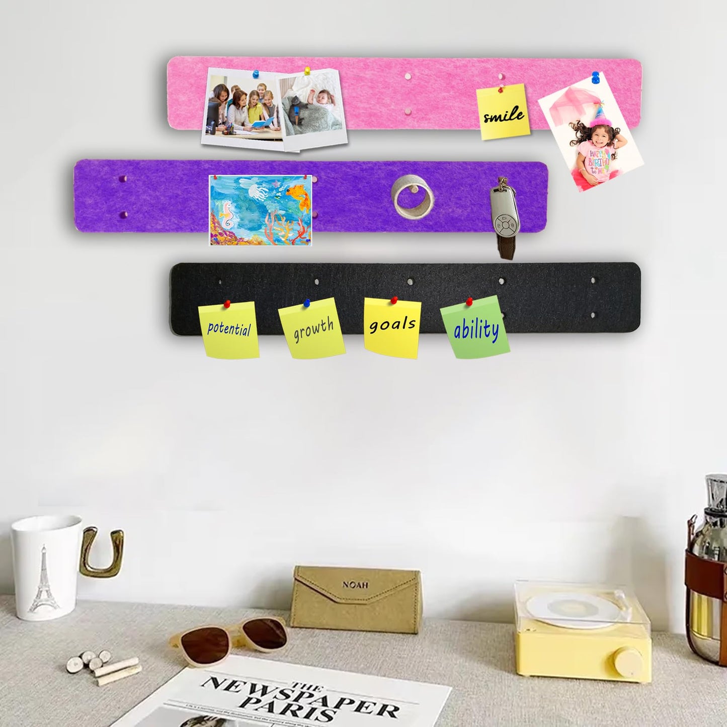 Small Felt Pin Boards Memo Board Pegboard Bar Strips, Self-Adhesive Cork Board for Walls Home Office Decor, Felt Bulletin Boards for Jewel, Notes, Photos with 20 Wooden Dowel Pins, Pink, 6 Pack