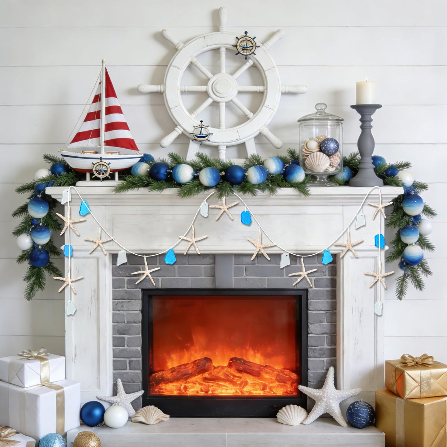 Starfish Sea Glass Garland 6.56ft, Natural Starfish & Frosted Sea Glass Beach Wedding Decor, Coastal Wall Art for Living Room Bathroom, Indoor Outdoor Home Decor, Mermaid Under The Sea Party Decor