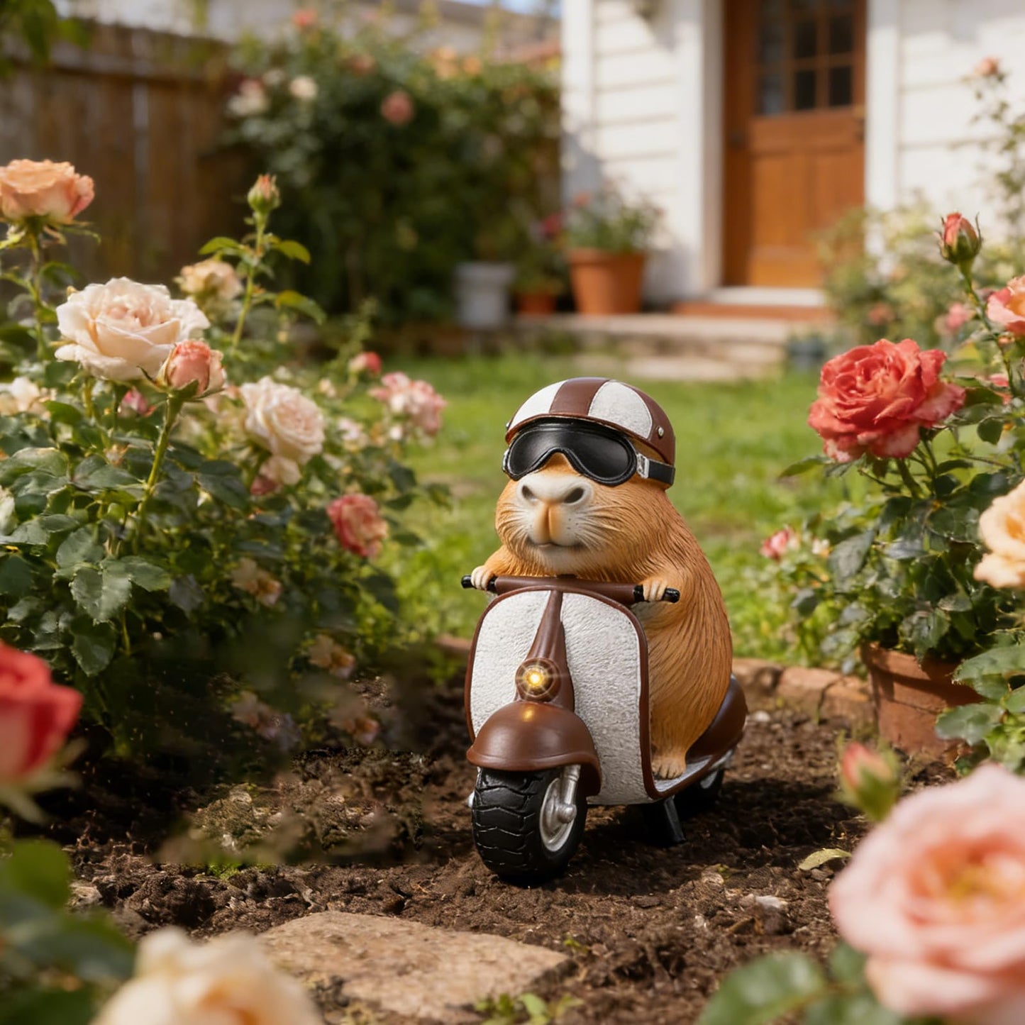 Capybara Solar Outdoor Figurine Light, Capybara Riding Motorcycle Garden Statue with LED Headlight, Waterproof Solar Powered Lawn Decor for Yard Patio Porch, 8.6” x 4.7” x 9.4”