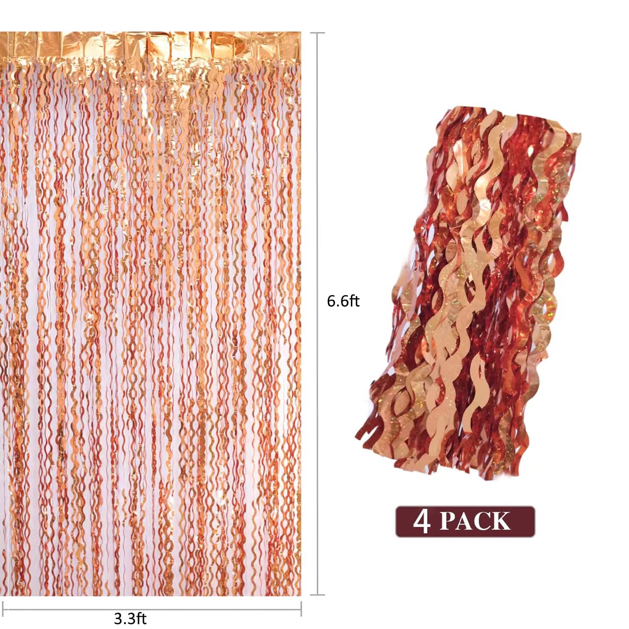 4 Pack 3.3x6.6ft Wavy Orange Foil Fringe Backdrop Curtains -Tinsel Streamers Metallic Foil Fringe Backdrop Door for Halloween, Graduation,Baby Shower,Gender Reveal