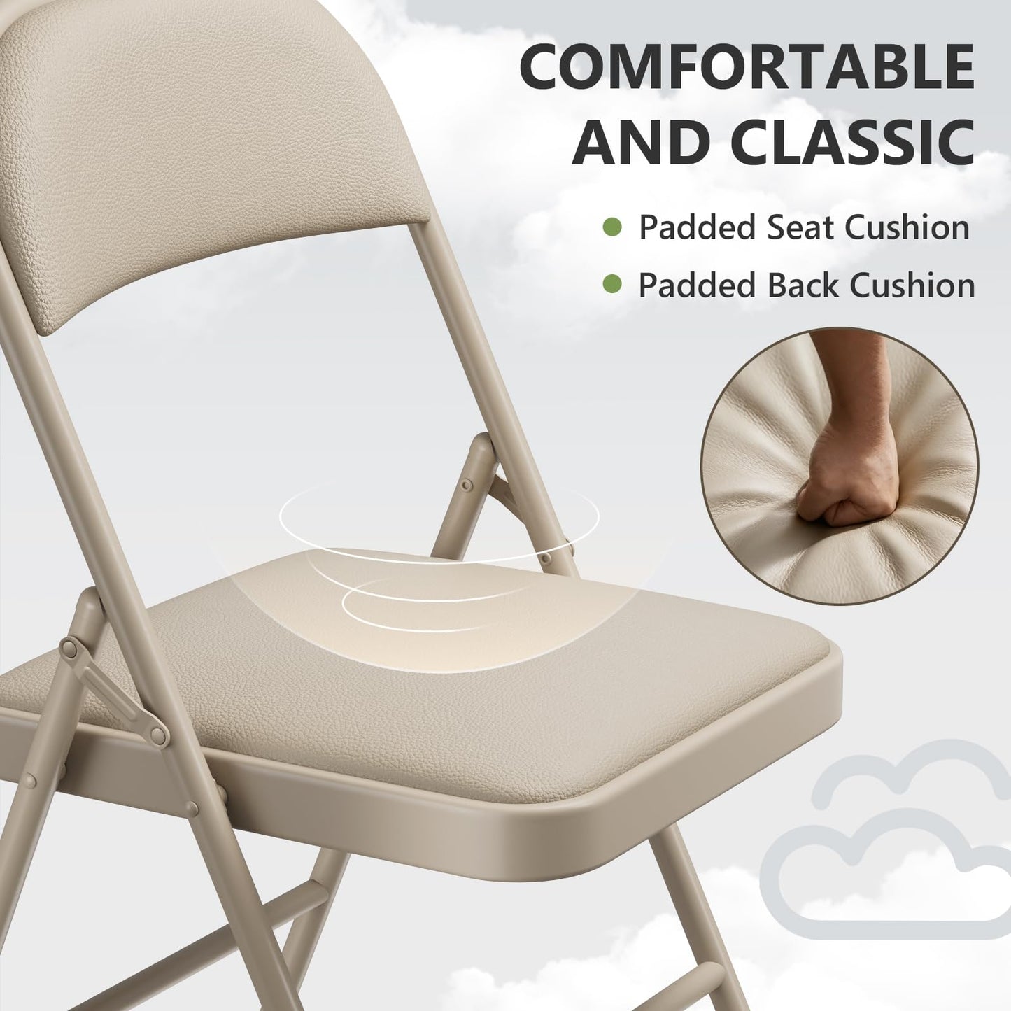 Folding Chairs 2 Pack, PU Leather Padded Folding Chairs for Outside and Indoor, Heavy Duty Portable Foldable Metal Commercial Seat for Home Office, Dorm, Party, Backyard, Lawn, Patio, Khaki