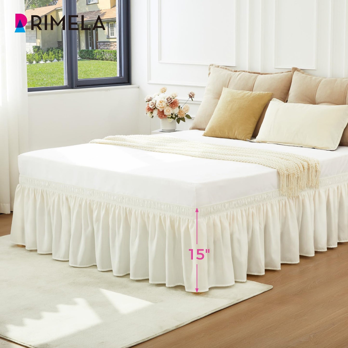 RIMELA Cream Bed Skirt Queen Size 15 Inch Drop, Elastic Bed Skirting for Bed Base and Frame, Bedding Dust Ruffle Easy to Install, Lightweight Wrap Around Adjustable Bedskirt