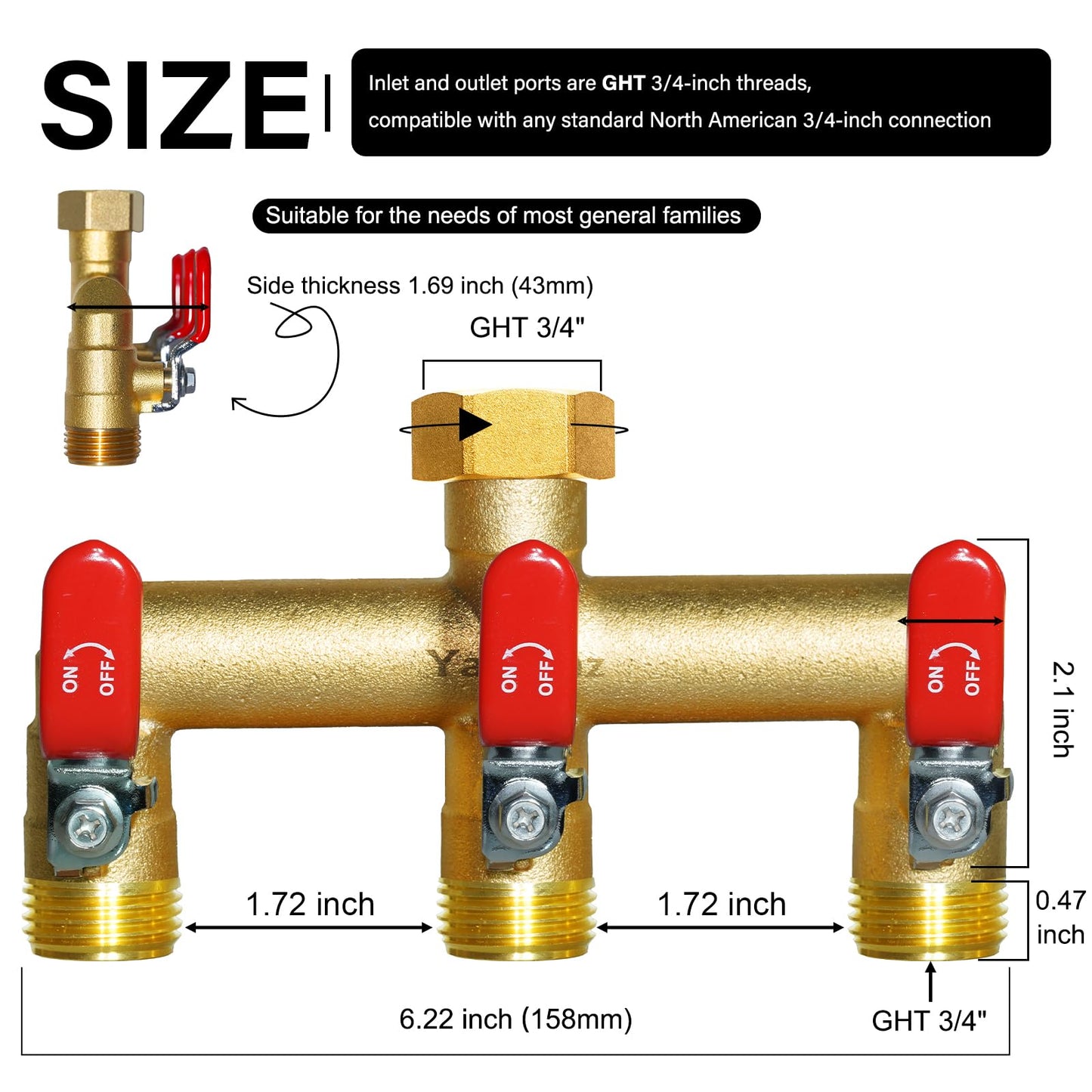 Heavy Duty Brass Garden Hose Splitter 3-Way,3/4" GHT Thread, High Flow Faucet Splitter, Water Hose T Spigot Splitter with Shut-off Valves,Water Adapter & Connector-Long Red Metal Handle