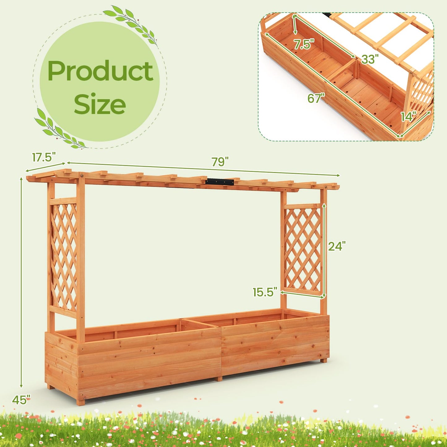 HAPPYGRILL Raised Garden Bed with Trellis, Freestanding Wood Planter Box w/Hanging Roof & 8 Drainage Holes for Vine, Climbing Plants, Flowers, Outdoor Planter with Trellis for Garden, Patio, Yard