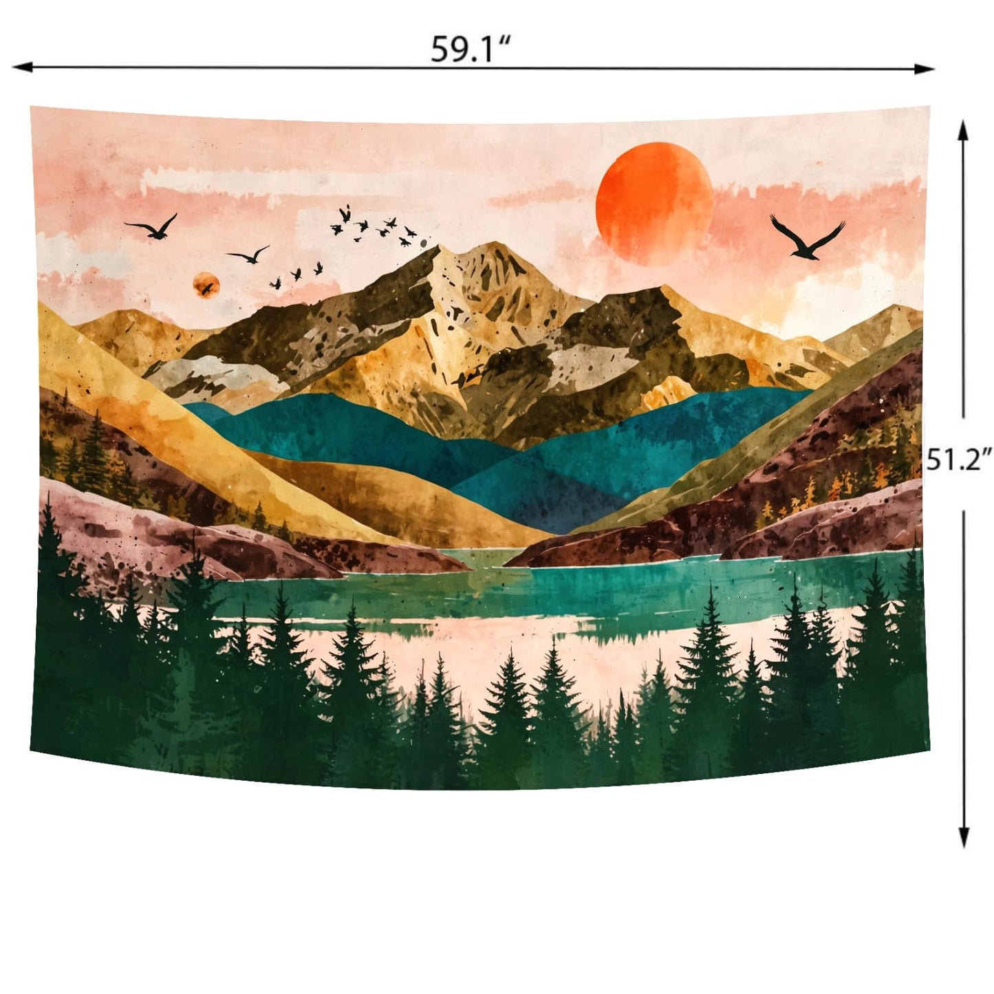 Delur Mountain Tapestry Boho Sunset Nature Forest Tree Tapestry Wall Hanging Sunrise River Lake Landscape Psychedelic Headboard for Bedroom Living Room Home Decor (51.2" x 59.1")