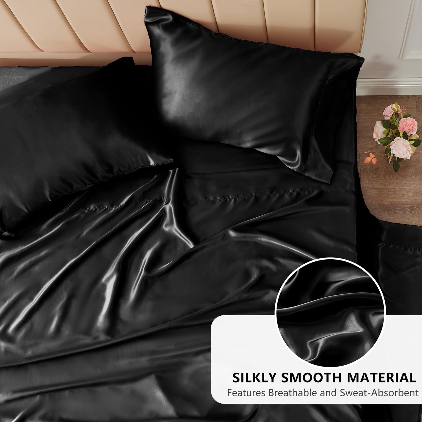 CozyLux Satin Sheets Queen Size Bed Set - 4 Piece Silky Queen Sheet Set, Luxury Black Queen Sheets with Smooth and Soft Microfiber, Includes 1 Fitted Sheet, 1 Flat Sheet and 2 Pillowcases