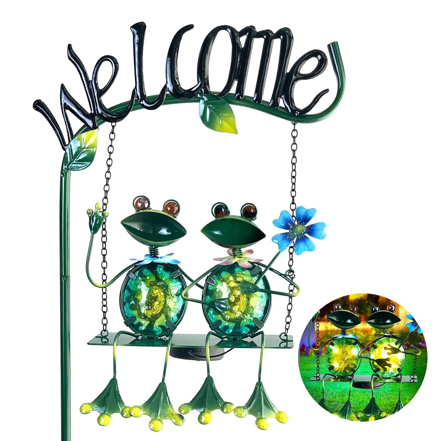 HONGLAND Solar Lights Outdoor Waterproof, Frog Swing Garden Decor, Frog Decorative Stake with Welcome Sign Landscape Patio Yard Gifts for Women Mom (48 inch)