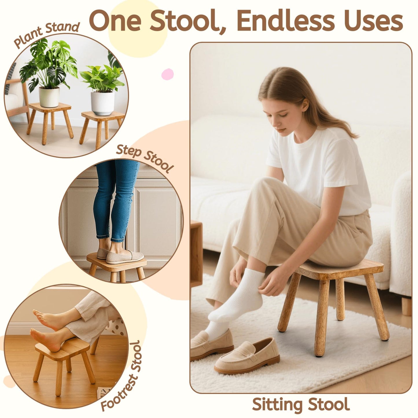 Youeon 12 Inch Square Solid Wooden Step Stool, Non-Slip One Step Stool for Adults, Holds up to 300 Lbs, Portable & Sturdy, Footstool for Bedroom, Bathroom, Kitchen, Easy to Assemble