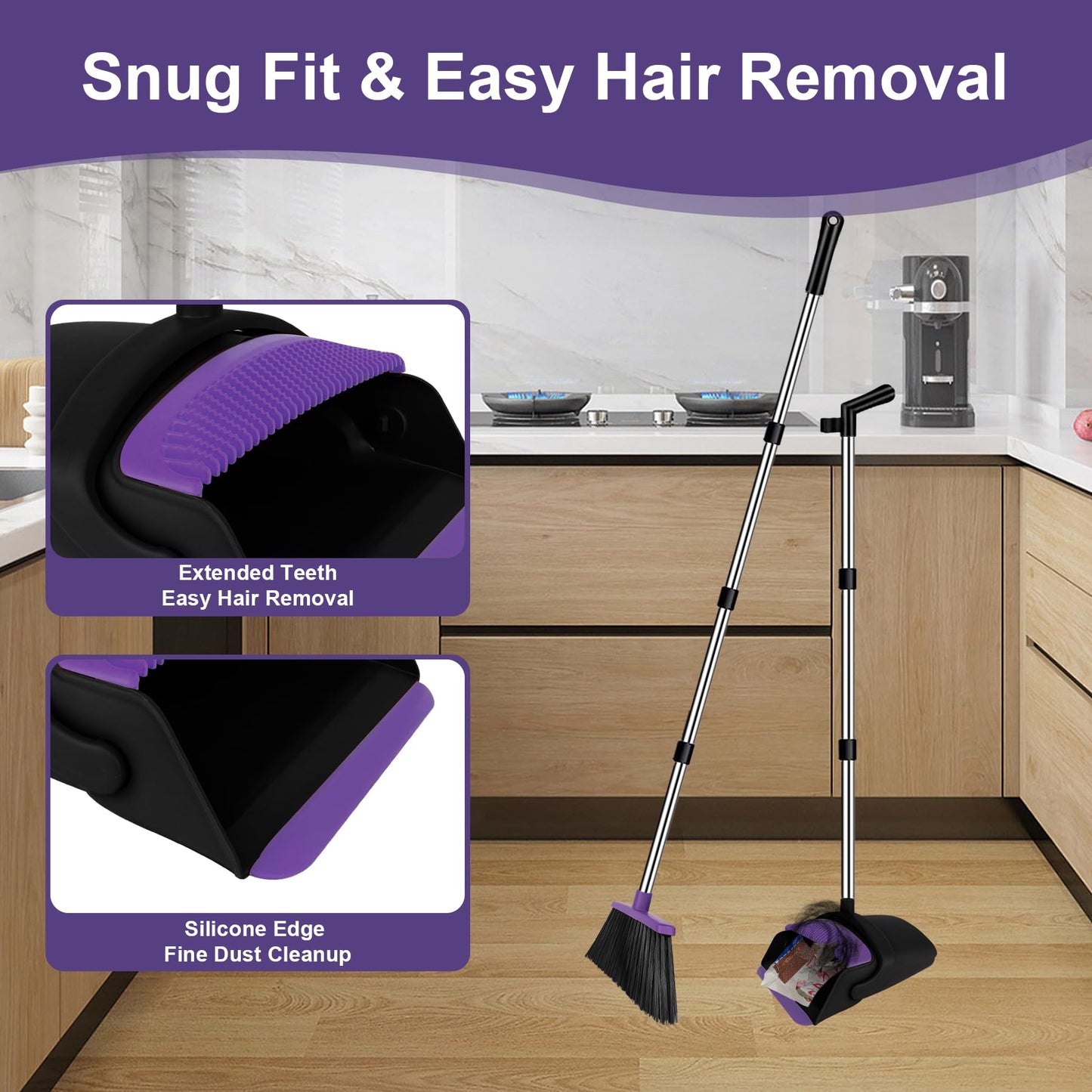 UDUK Broom with Dustpan Combo Set and Silicone Air Broom Kit, 51" Long Handle Floor Squeegee, Purple Household Kit for Glass Window Rugs Pet Hair Home