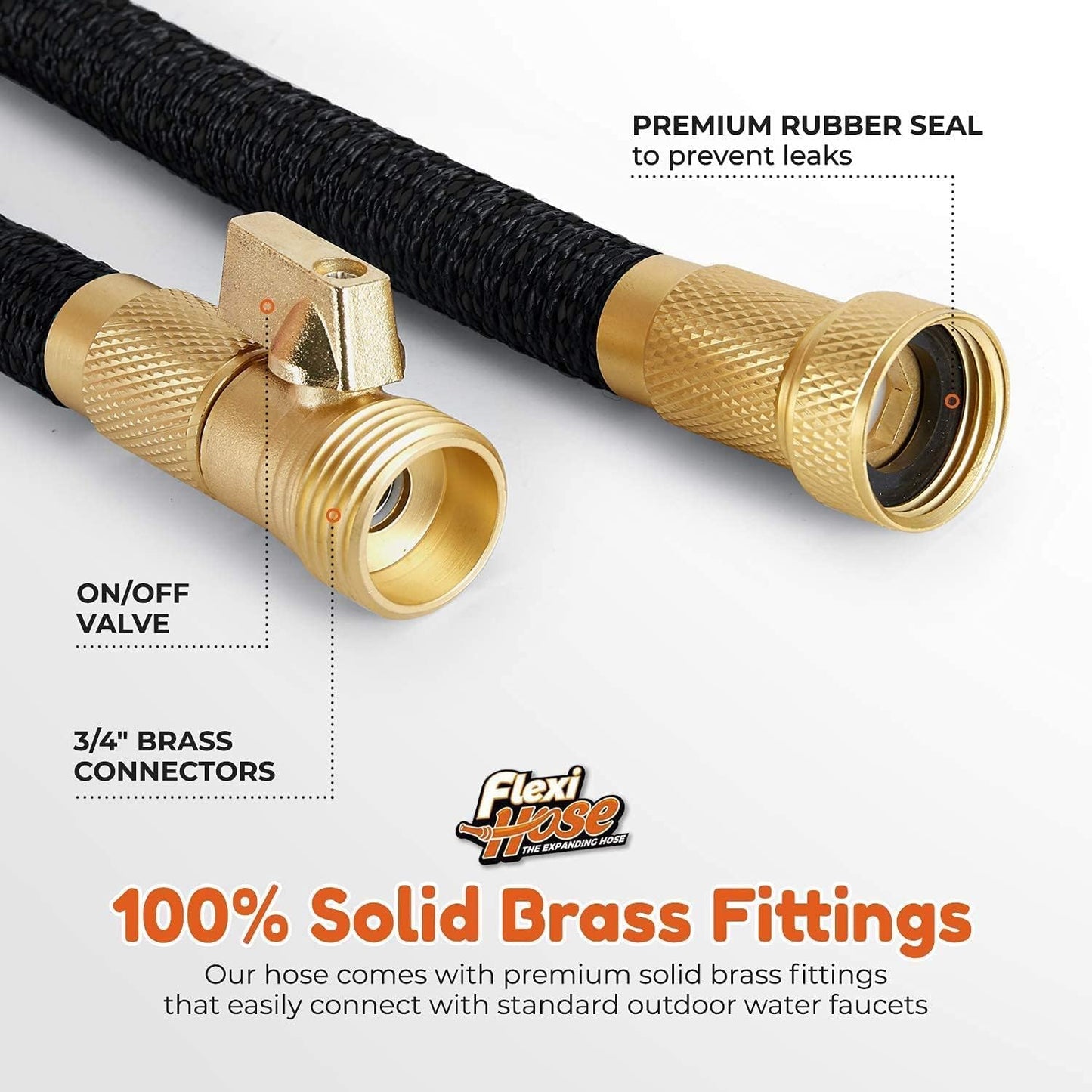 Flexi Hose Plus Expandable Garden Hose with 8 Function Nozzle, 75FT - Lightweight Retractable Garden Hose, Water Hose - No-Kink Flexibility, 3/4 Inch Solid Brass Fittings Includes Hook & Bag