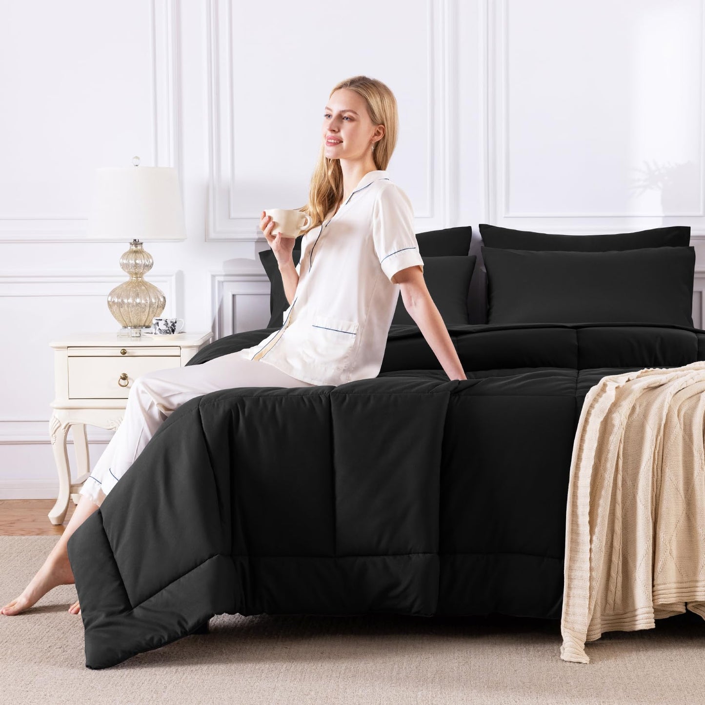 CozyLux Queen Comforter Set Black, 7 Pieces Bed in a Bag, Black Comforter Queen Size, All Season Bedding Sets with Stitch Quilted Comforter, Flat Sheet, Fitted Sheet, Pillowcases