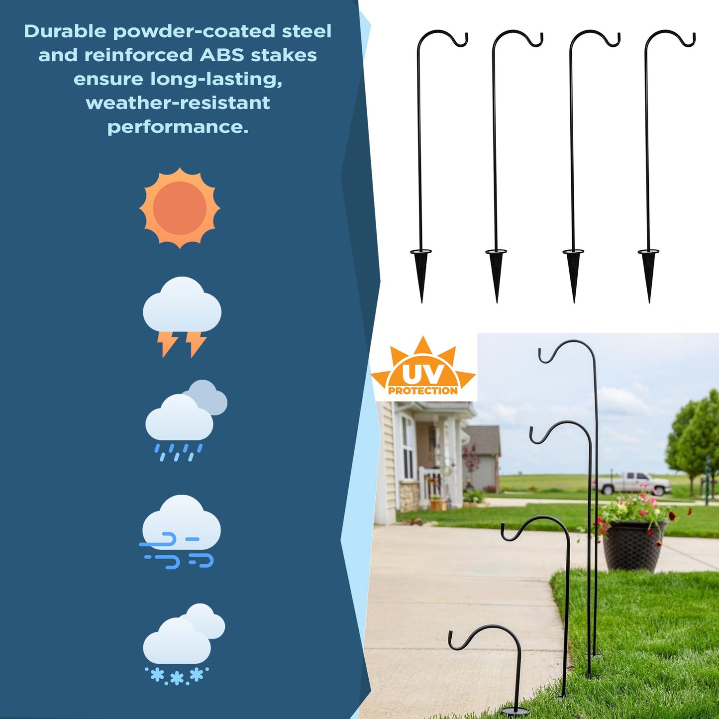 Shepherds Hooks for Outdoor - Set of 4 Adjustable Garden Poles for Bird Feeders, Solar Lanterns, Wind Chimes, Hanging Plants - Shepards Hook Ground Stakes For Perfect Outdoor Landscape Decorations