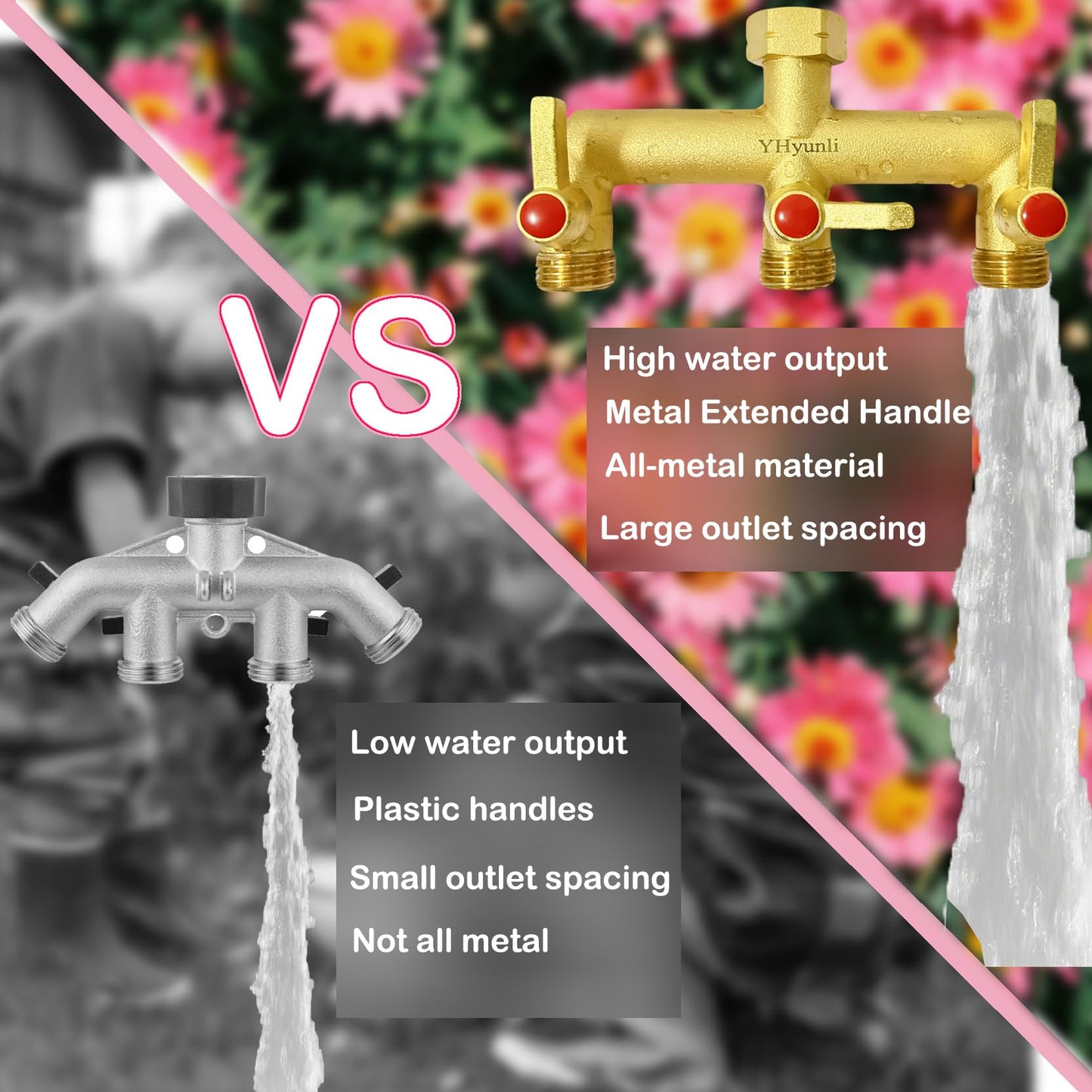 Garden Hose Splitter, 3 Way Hose Splitter, Full Flow 3/4” Rust & Freeze, Outdoor Heavy Duty Brass 3-Way Valve Faucet Adapter, Metal Extended Labor Saving Handle