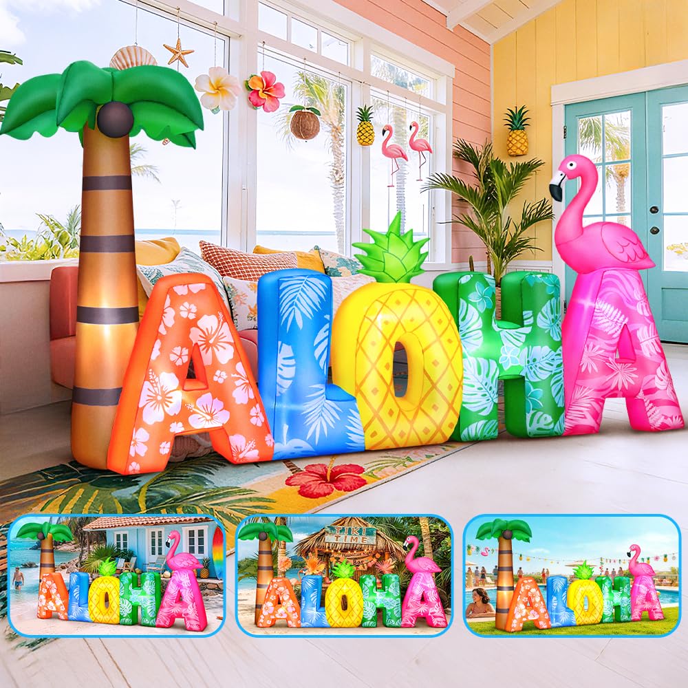 KOOY 8.7FT Long Summer Inflatables Aloha with Flamingo and Pineapple, Built-in LED Blow up Hawaiian Luau Party Decorations, Summer Inflatables Outdoor Decorations for Luau Tiki Bar Beach Pool Patio