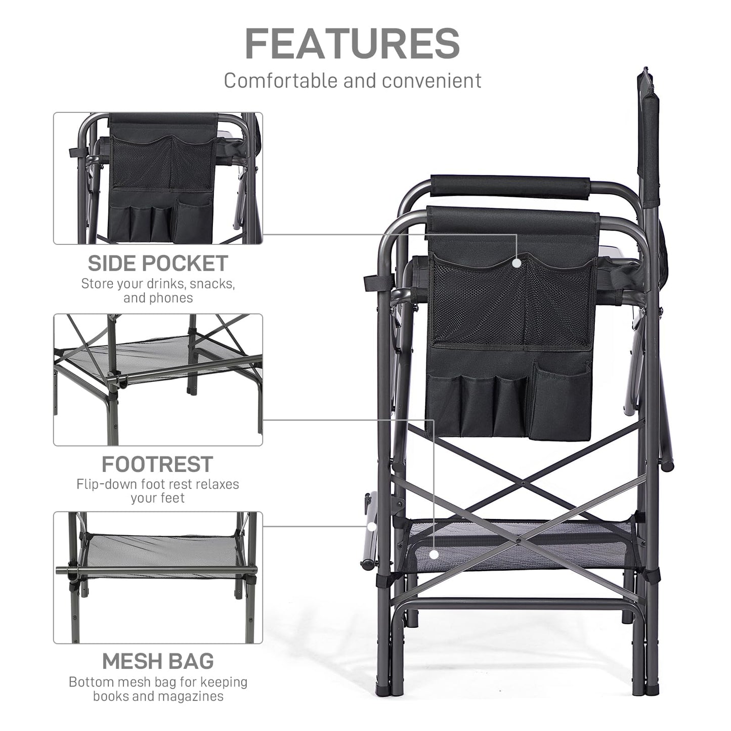 EVER ADVANCED 30.7" Seat Height Directors Chair for Makeup Artist with Side Table Easy Get in Out for Elderly Tall Camping Chair Supports 350lbs Black