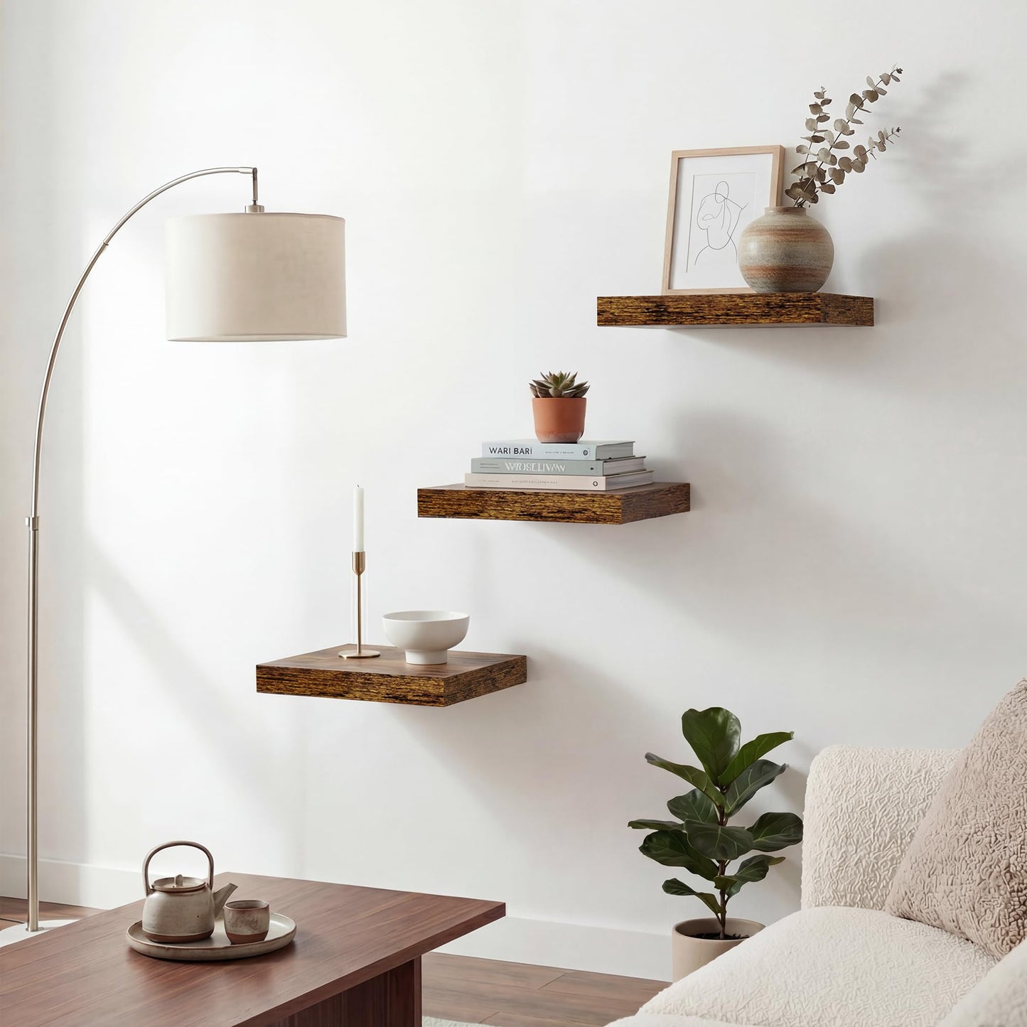 Floating Shelves for Wall 9 Inch,9.3" Deep Square Floating Shelf Set of 3,Wall Shelves Hanging Shelf with Invisible Brackets,Wall Mounted Shelf for Kitchen Living Room Bedroom Bathroom,Rustich Brown