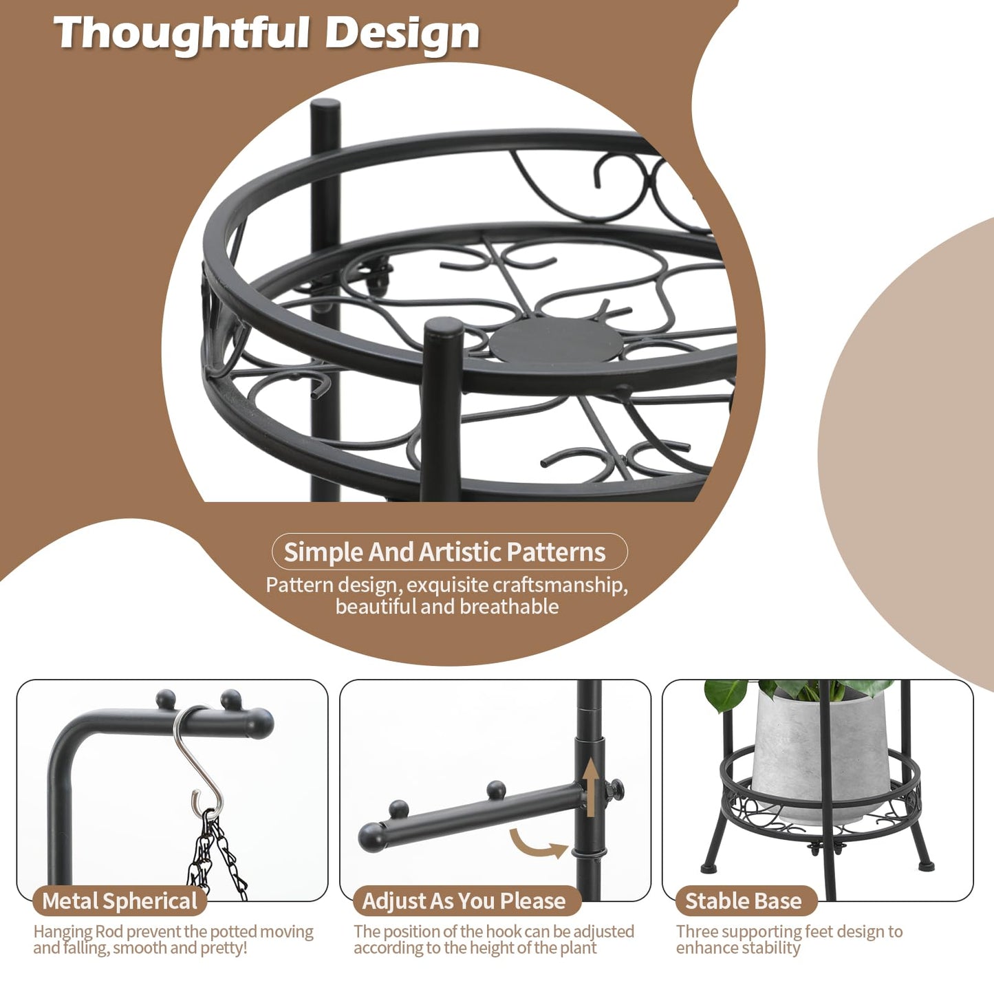 CZWL&HG Hanging Plant Stand Adjustable 2-Tier 72" Metal Shelf -Tall Indoor/Outdoor Plant Rack with Hangers for 4 Potted Flowers, Corner Shelf for Living Room & Patio (Gold)
