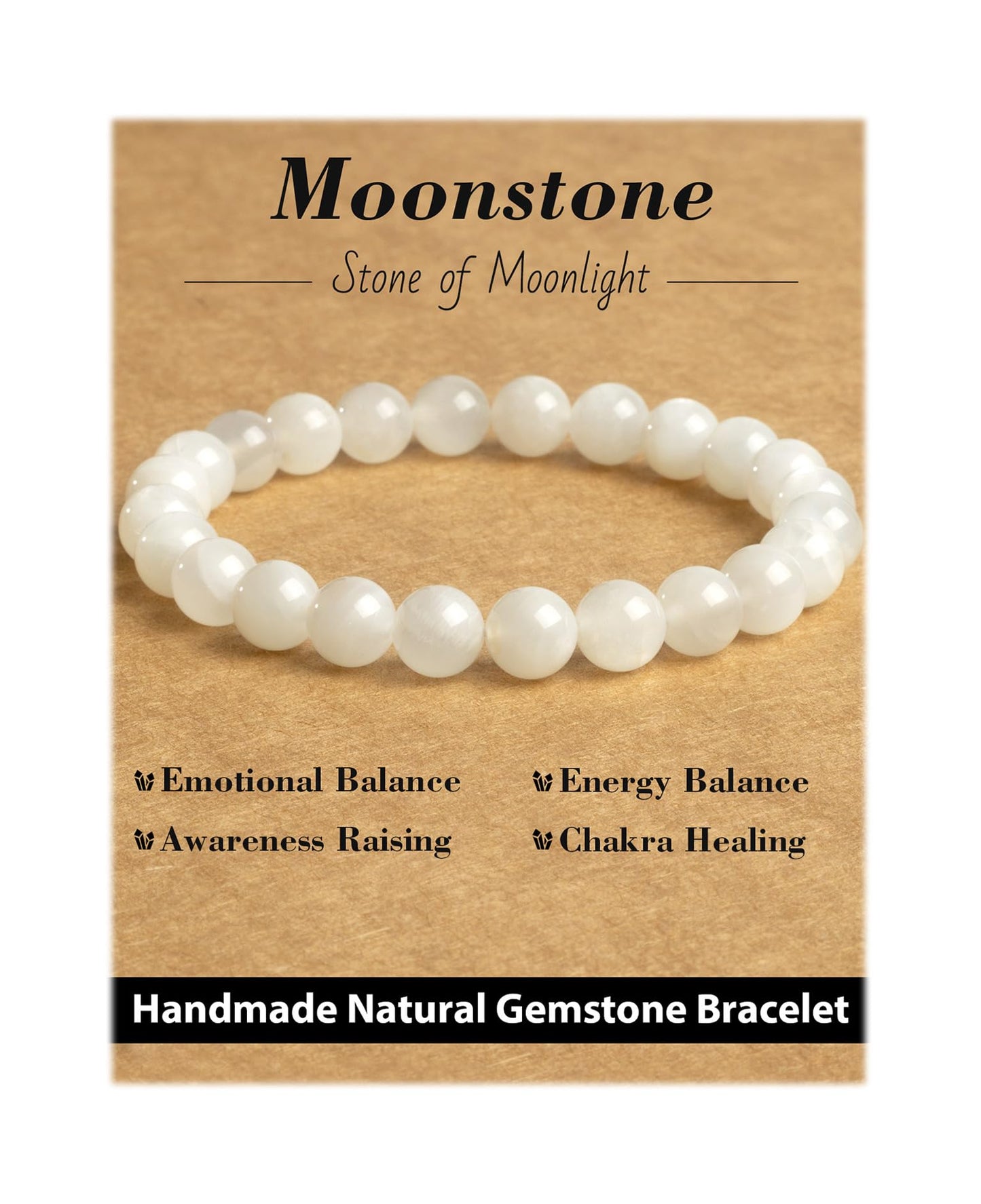 Landorilo Beaded Bracelet for Men Women, 8mm Natural Stone Moonstone Healing Crystal Stretch Bracelets, Ideal Christmas Birthday Jewelry Gifts with Energy Card，Replacement Beads Included