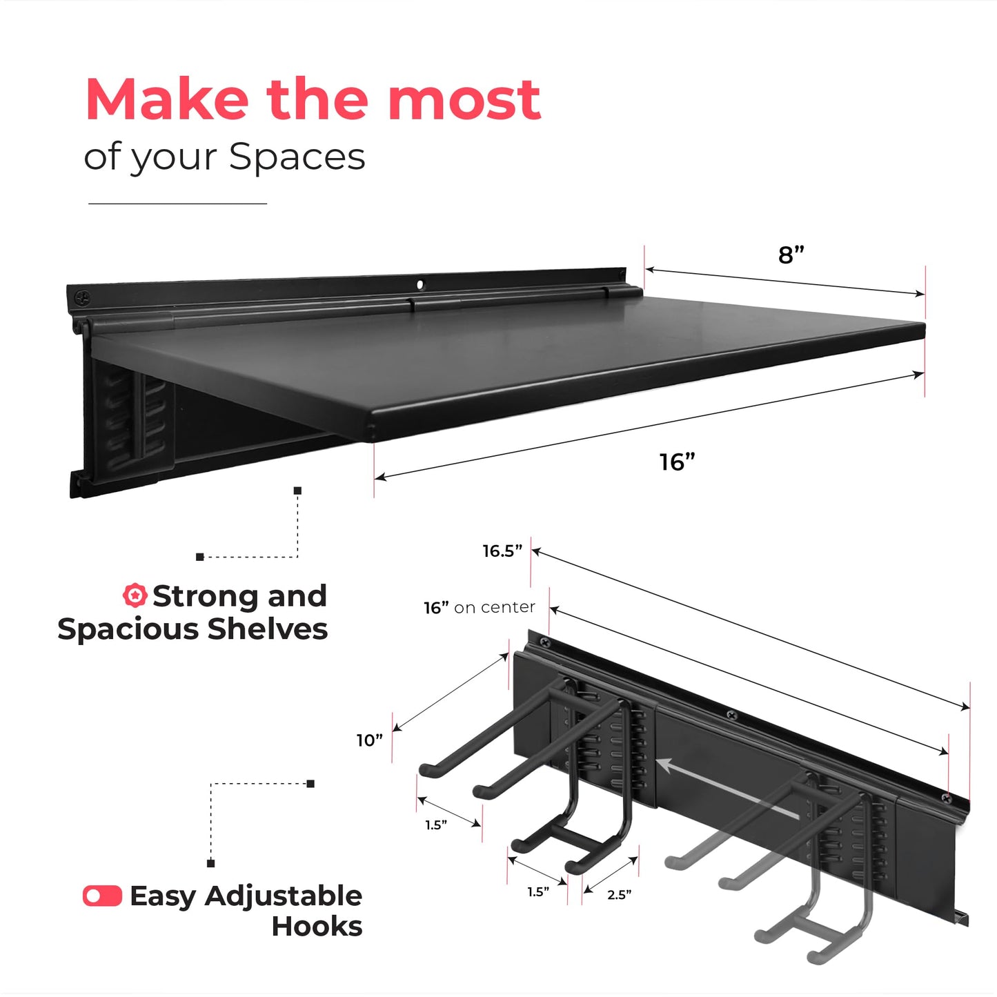 TIDYME Heavy-Duty Garage Wall Storage System | Wall Mounted Tool Organizer Rack with Shelving | 10-Piece Mounting Kit | Includes 4x10” Double-Layered Hooks & 2x16.5” Floating Utility Shelves