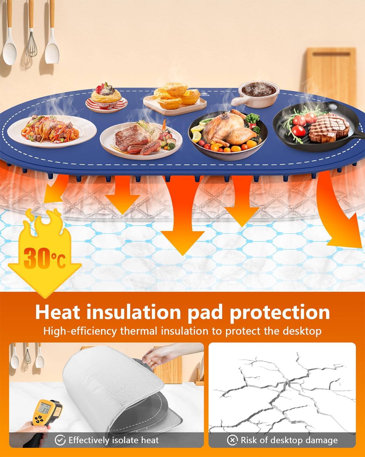 Food Warming Mat for Table & Buffet, Fast Heating Serving Tray with Adjustable Temperature & Timer, Foldable Silicone Heating Mat for Family Meals, Parties & Holiday Hosting