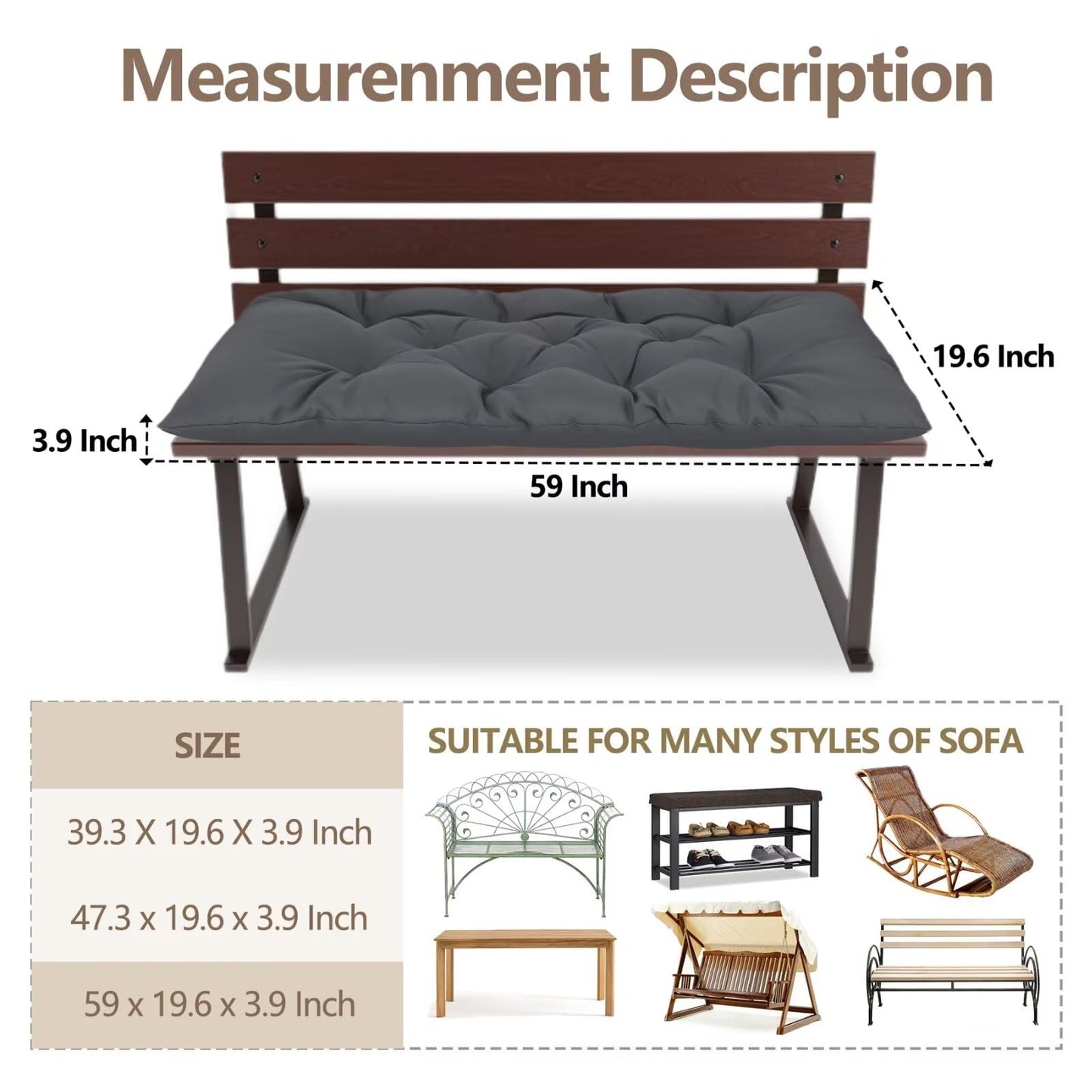 Yddsky Waterproof Indoor/Outdoor Garden Bench Seat Cushions，Thicken Patio Bench Soft Rocking Chairs Pad Lounger Seat for Wicker Loveseat Settee（59 X 19.6 in，Dark Gray）