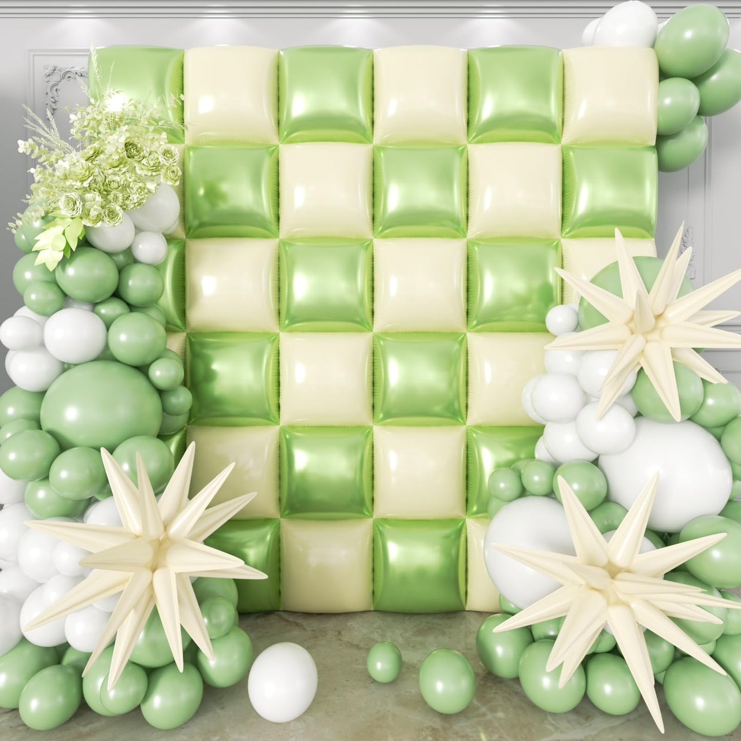 HKYOOD 36pcs Cream Green and Cream White Square Foil Balloons Wall Backdrop with 147pcs Balloon Garland Arch Kit, Double Sided Balloons for Birthday Wedding Bridal Shower Baby Shower Party Decorations
