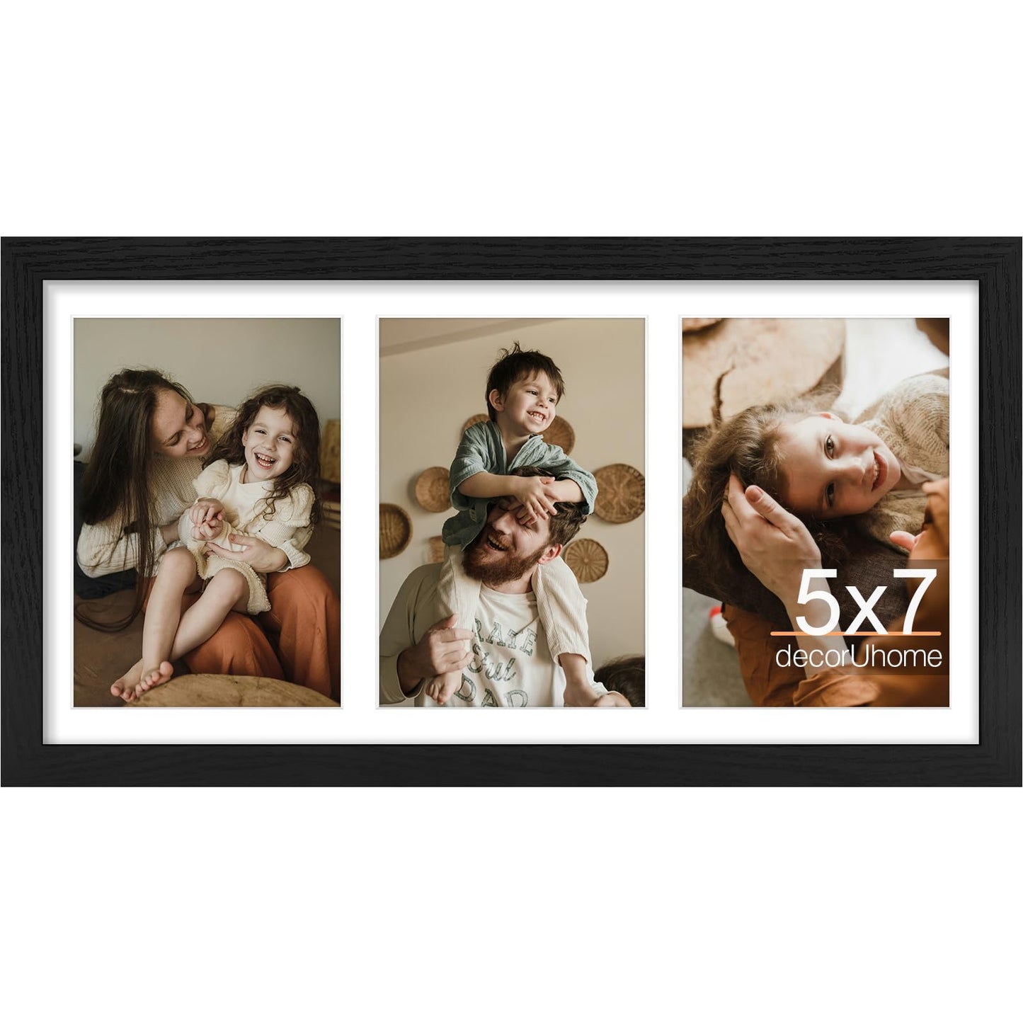 decorUhome 8x16 Picture Frames Collage Wall Decor, Display 3Pcs 5x7 Photos with Mat or 1Pcs 8x16 Unmatted, 3 5x7 Collage Picture Frames for Wall Mounting, Black