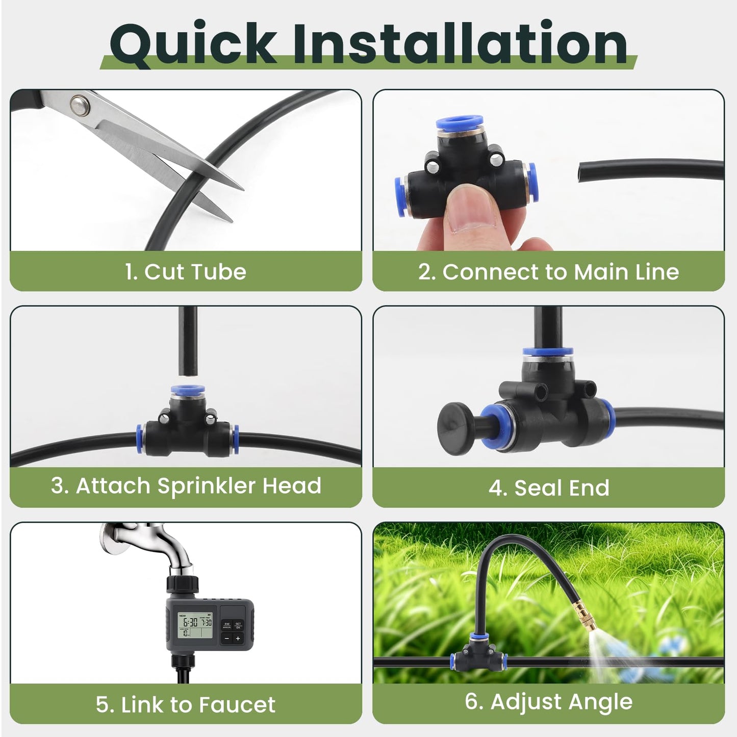 100FT Automatic Drip Irrigation Kits with Water Timer - Garden Watering System with 360° Bendable Spray Adjustable Copper Atomizing Nozzles for Yard, Lawn, Raised Bed, Greenhouse, Potted Plants