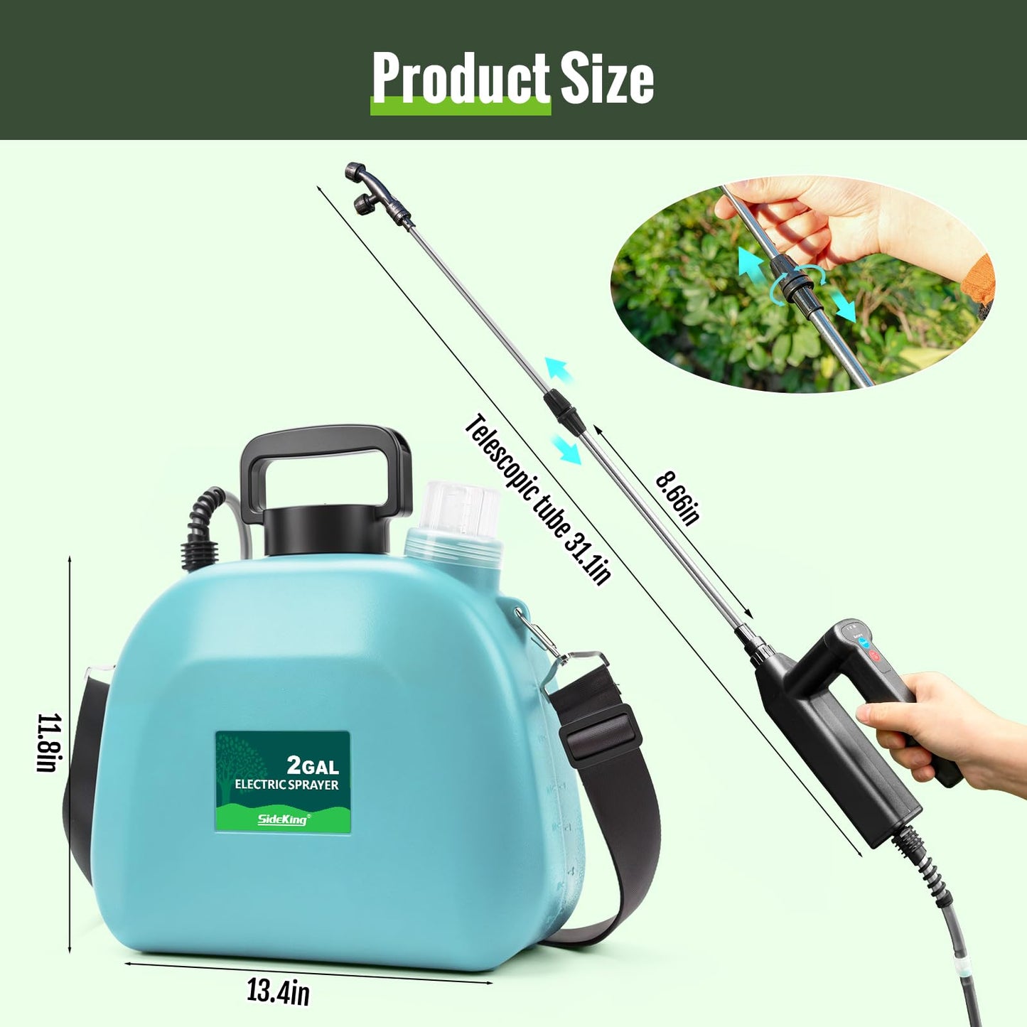 SideKing Battery Powered Sprayer 2 Gallon, Electric Weed Sprayer with 3 Adjustable Spray Pressures, Battery Indicator, Telescopic Wand and 4 Nozzles, for Garden, Lawn, Yard & Plants Care