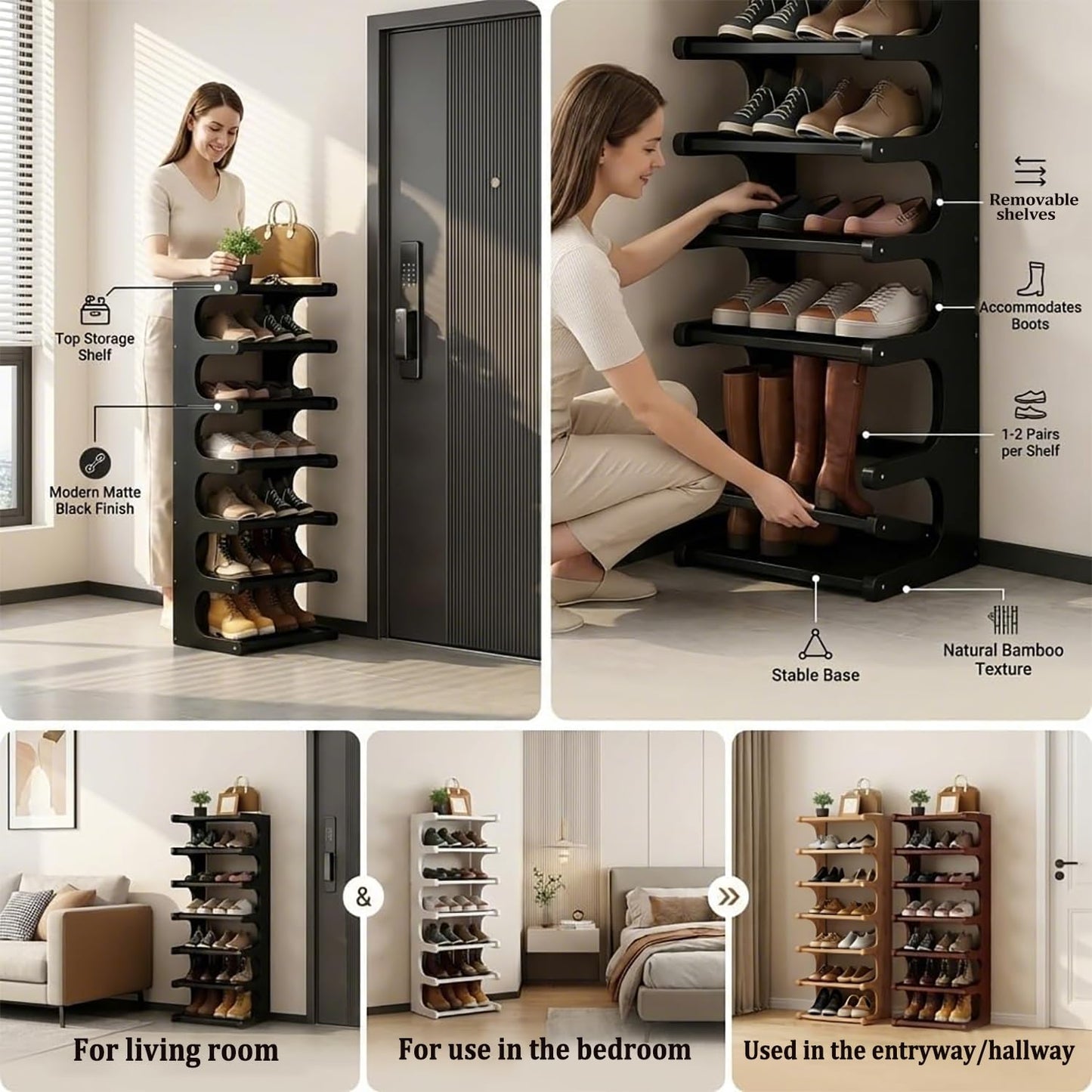 39" Bamboo Shoe Rack - Vertical Shoe Organizer Rack for Small Space, Narrow Shoe Tower for Closet, Entryway, Corner, Tall Shoe Shelf with Removable Shelves, Flexible Storage Shelf for Saving Space
