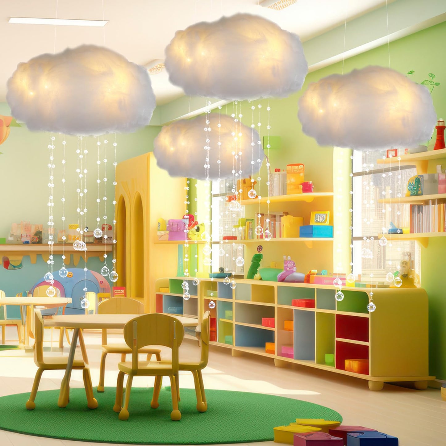 Marsui Artificial Cloud Props LED Hanging Cloud Light String Fake Imitation 3D Cotton Classroom School Decor Raindrop for Room Ceiling Baby Shower Party Wedding Nursery Classroom Wall DIY Decor(4 Pcs)