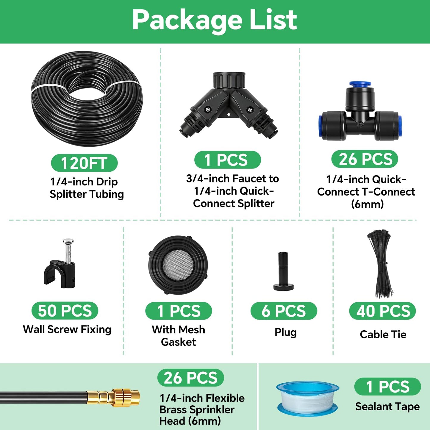 120Ft 1/4" Drip Irrigation System for Garden – 23 Adjustable Copper Nozzles, Automatic Atomizing Sprinkler System for Outdoor Plants Raised Bed, Yard, Potted Plants & Lawn