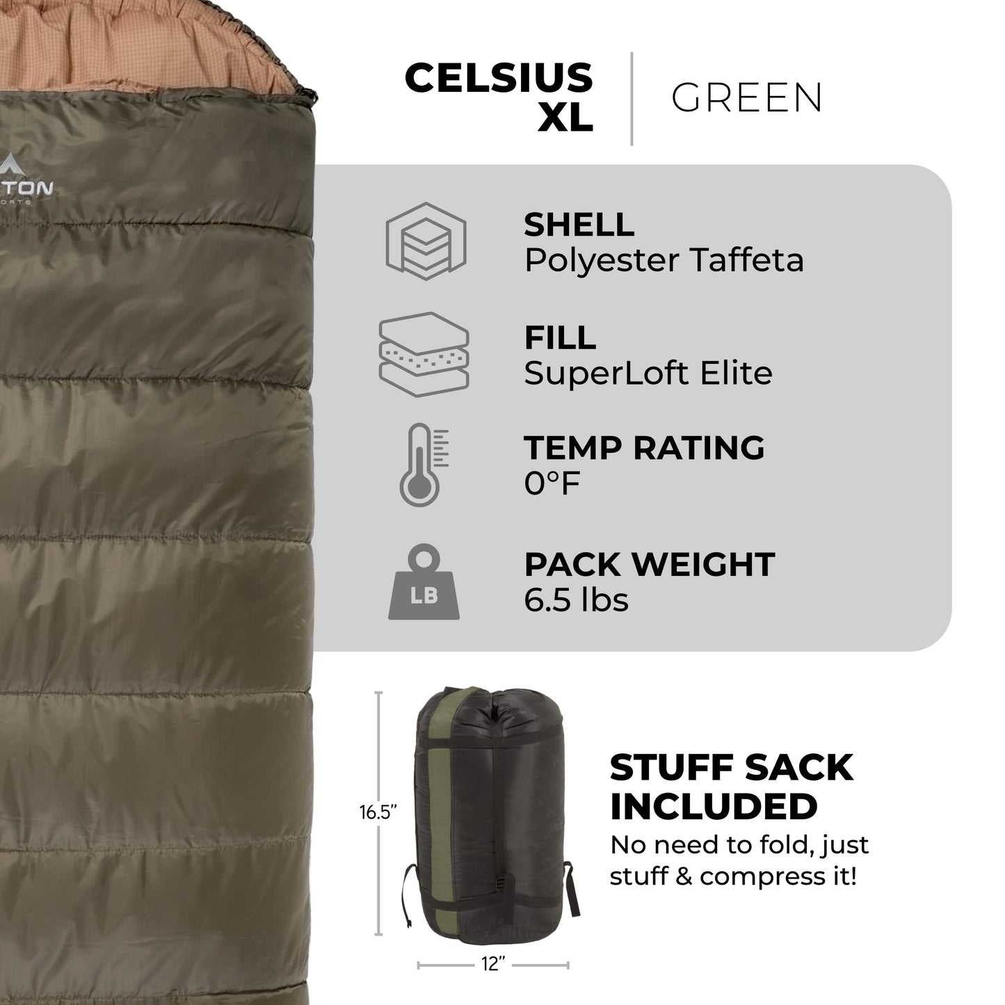 Teton Celsius XL 0F Sleeping Bag; Great for Family Camping; Free Compression Sack, Green, 90-Inchx 36-Inch, Left Zip