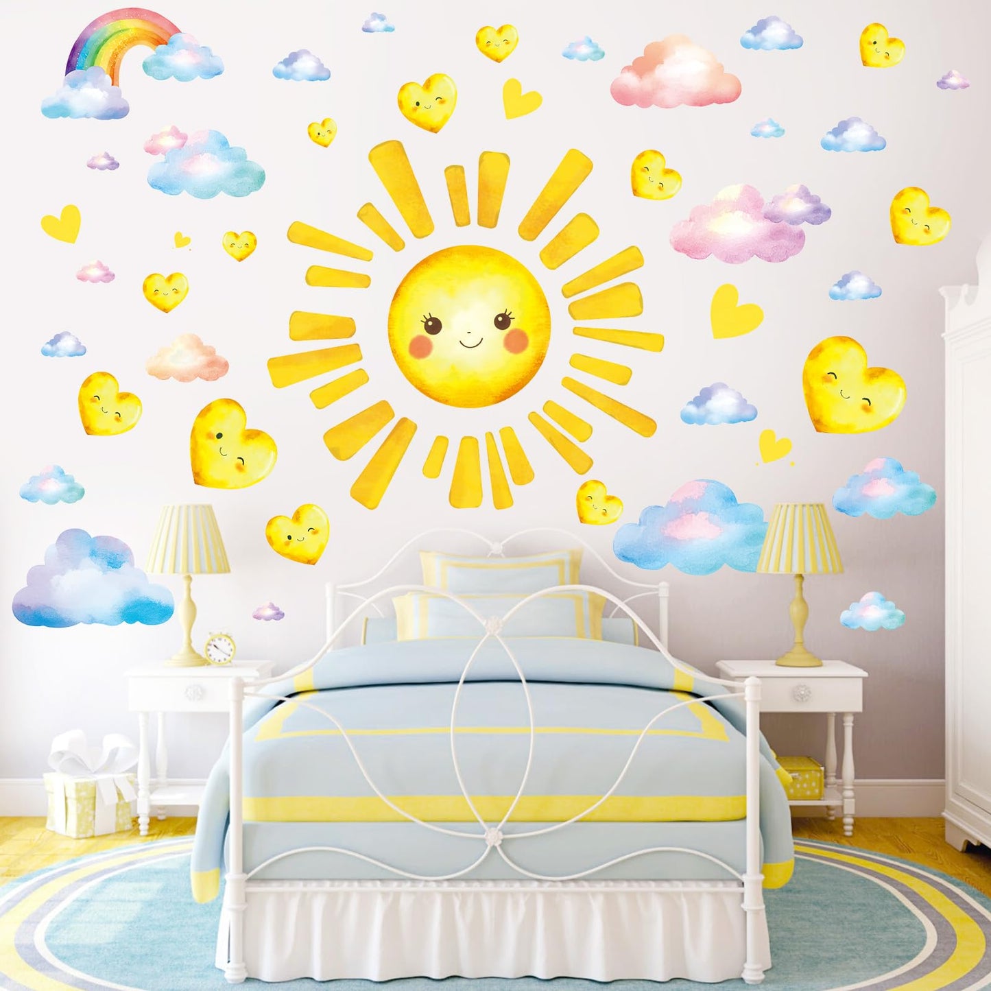 SHUCHING Large Sun Wall Sticker Peel and Stick, Vinyl Cloud Heart Wall Decal, Wall Decor for Kids Bedroom Nursery Playroom
