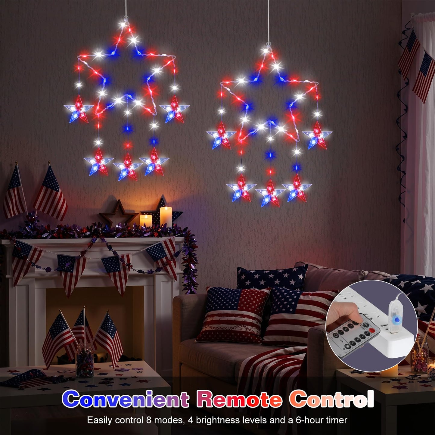 Lewondr 4th of July Decorations, 2 Pack Red White and Blue Window Star Lights with 62 LEDs, Patriotic Star Lights with Remote, 8 Modes & Timer, USB Powered Hanging Light for Independence Memorial Day
