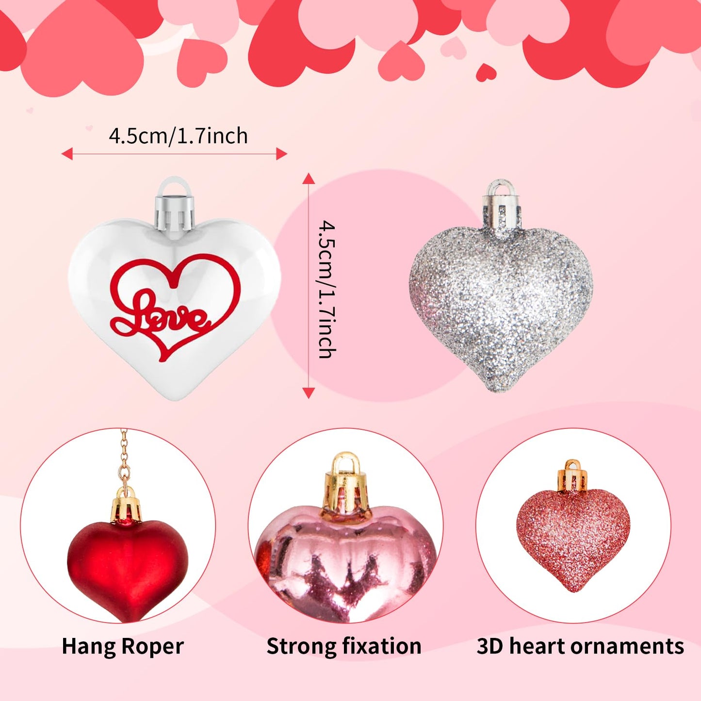 45Pcs Valentine's Day Heart Shaped Ornaments, Heart Shaped Baubles Red Pink Glitter White Silver Hanging Decorations for Valentine's Day Christmas Wedding Anniversary(9 Styles)