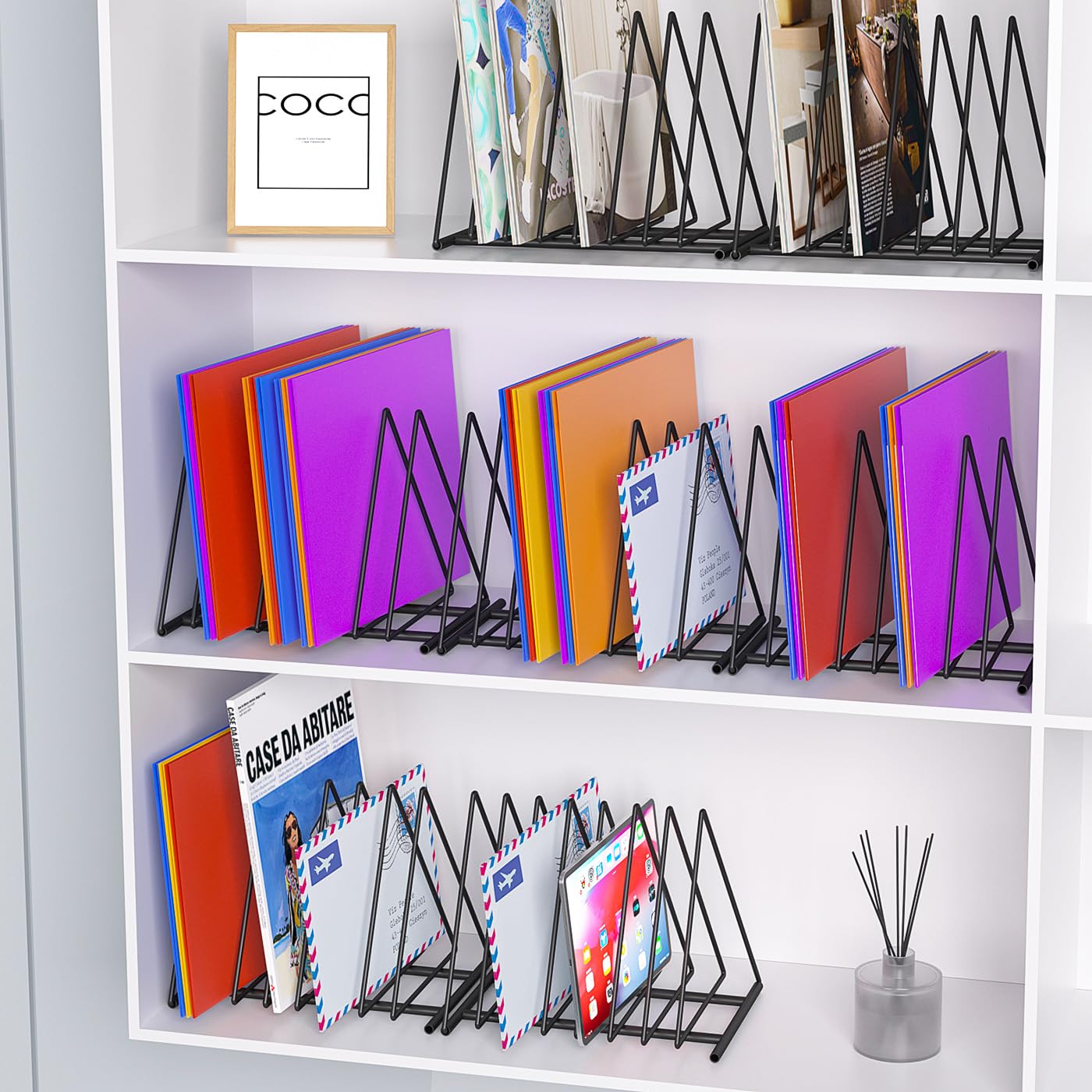 Fun storage Triangle Desk File Organizer, 7 Slots Metal File Sorter Magazine Holder Document Rack,Desktop Bookshelf Organizer for Office Home School,Black