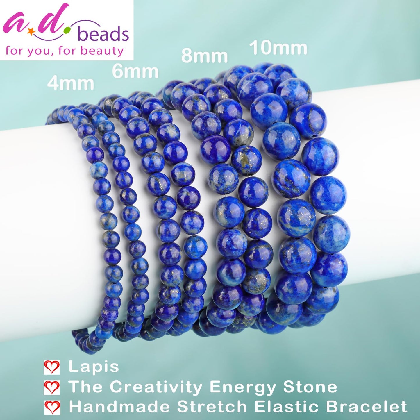 AD Beads 8mm Handmade Lapis Elastic Bracelet – Natural Gemstone for Profession Success – Meditation, Yoga, Healing and Energy Gift for Men Women