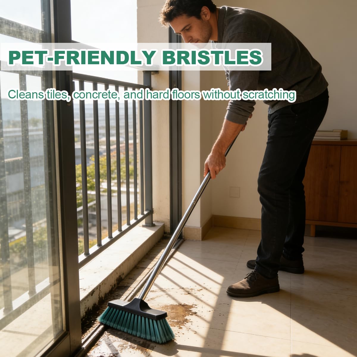 Xifando Small Floor Scrub Brush with 4-Section Stainless Steel Handle, 52" Adjustable Long Handle, 5-Row Dense Flagged Bristles, for Tile, Bathroom, Patio, Indoor & Outdoor Cleaning (Black+Green)