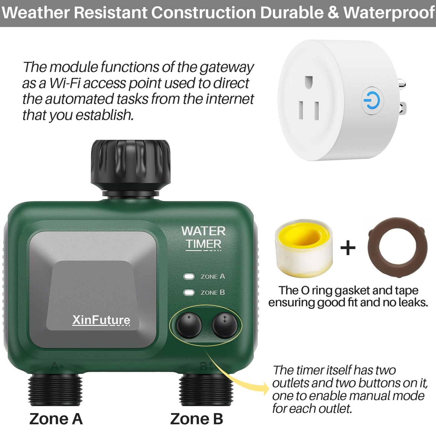 Smart Sprinkler Timer 2 Zone with Gateway, WiFi Water Timer with Rain Delay, Manual& Automatic Watering System for Garden Hose Faucet, App& Voice Control, Outdoor Hose for Yards Lawns