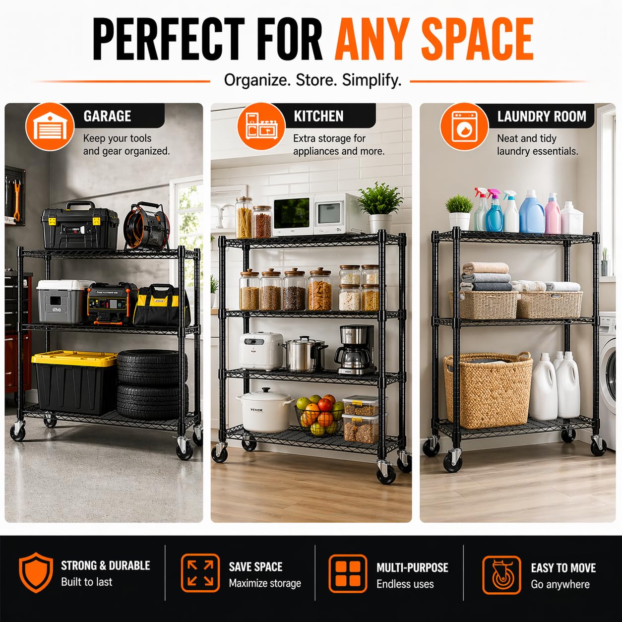 Orchidleaf 3 Tier Wire Shelving Unit with Wheels, Heavy Duty Metal Storage Rack 39.37”H, Adjustable Rolling Shelves with Lockable Casters, Garage Kitchen Pantry Organizer, 350 LBS per Shelf