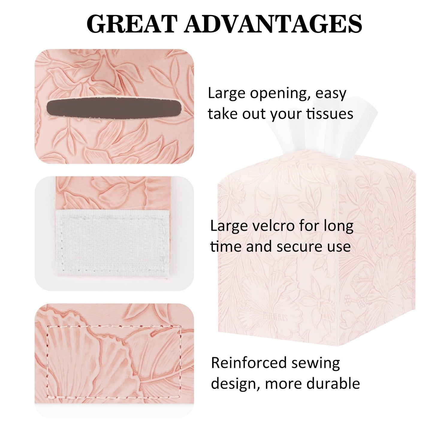 Tissue Box Holder Cover Square Tissue Cube Cover PU Leather Tissue Organizer with Bottom Belt for Bathroom, Tabletop, Kitchen, Night Stands, Office, Home, Car (1, RosyPink)