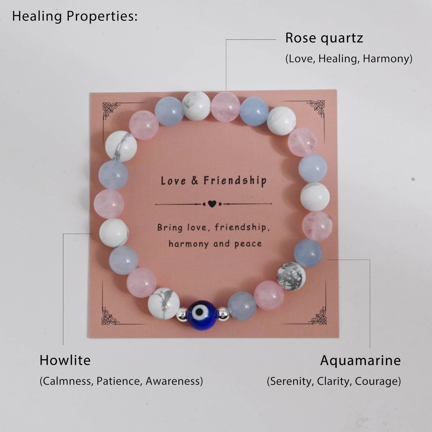 DLYFNVEV Love Friendship Harmony Peace Bracelet Rose Quartz Blue Aquamarine Howlite Eye Evil Protection Healing Crystal Beaded Anxiety Relief Triple Natural Stone Jewelry Gifts For Women