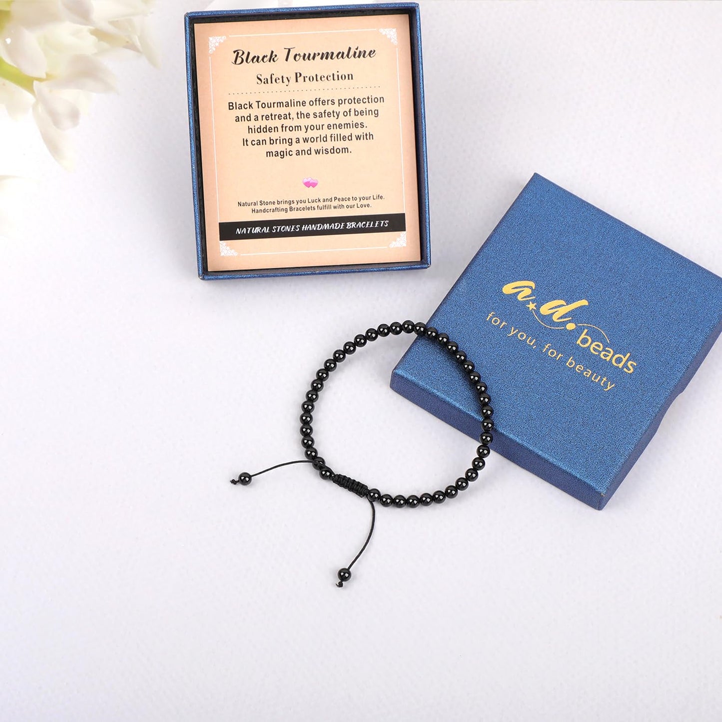 AD Beads 4mm Black Tourmaline - Best protection - Handmade Natural Stone Crystal Bracelet with Adjustable Macrame String - Yoga Healing Power Energy Gifts for Men and Women