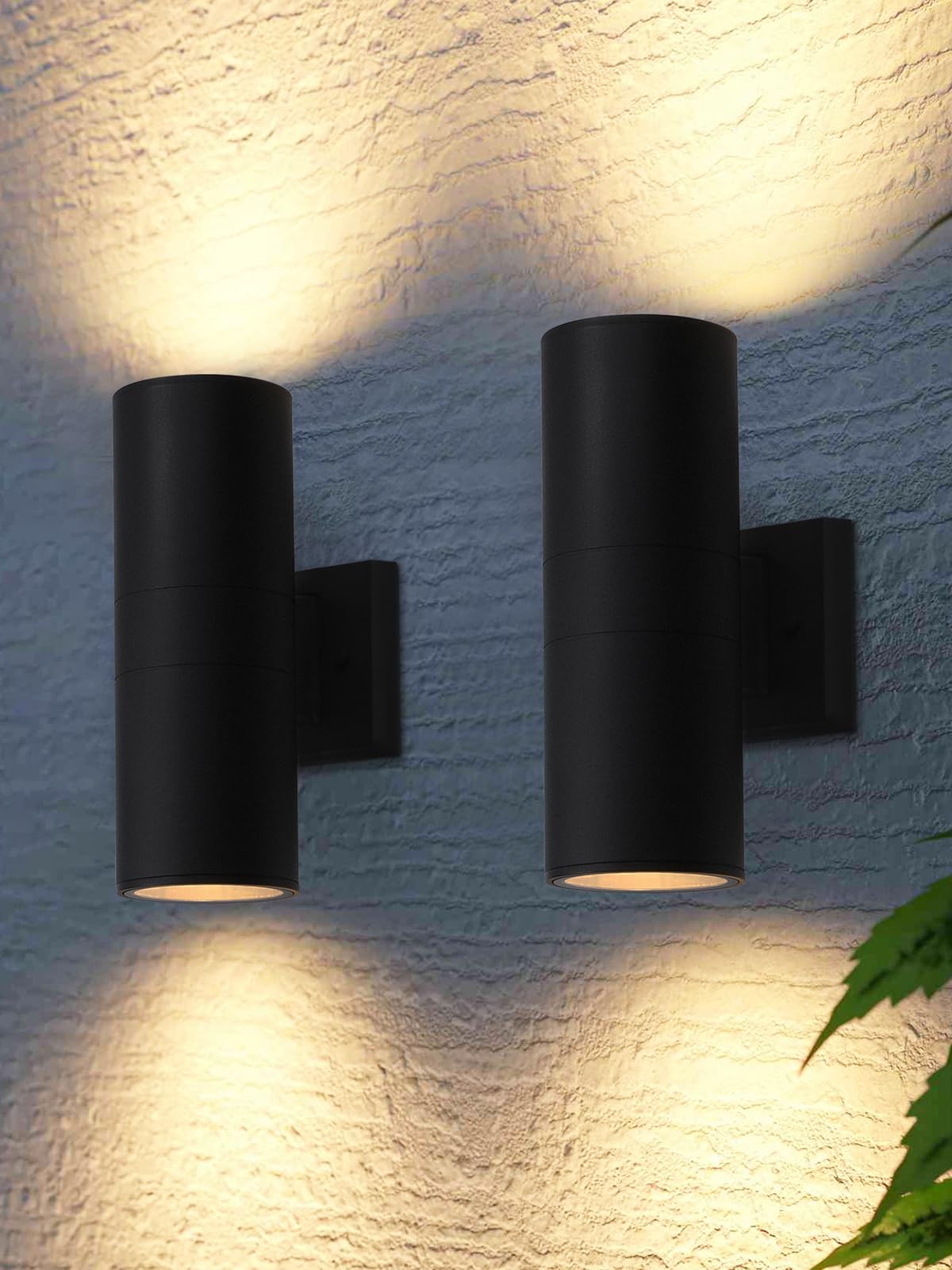 LEONLITE Modern Outdoor Cylinder Wall Lights 12", Up and Down Porch Patio Lights, Matte Black Waterproof Wall Sconce, Aluminum, E26 Base, Exterior Light Fixture Wall Mount, ETL, Pack of 2