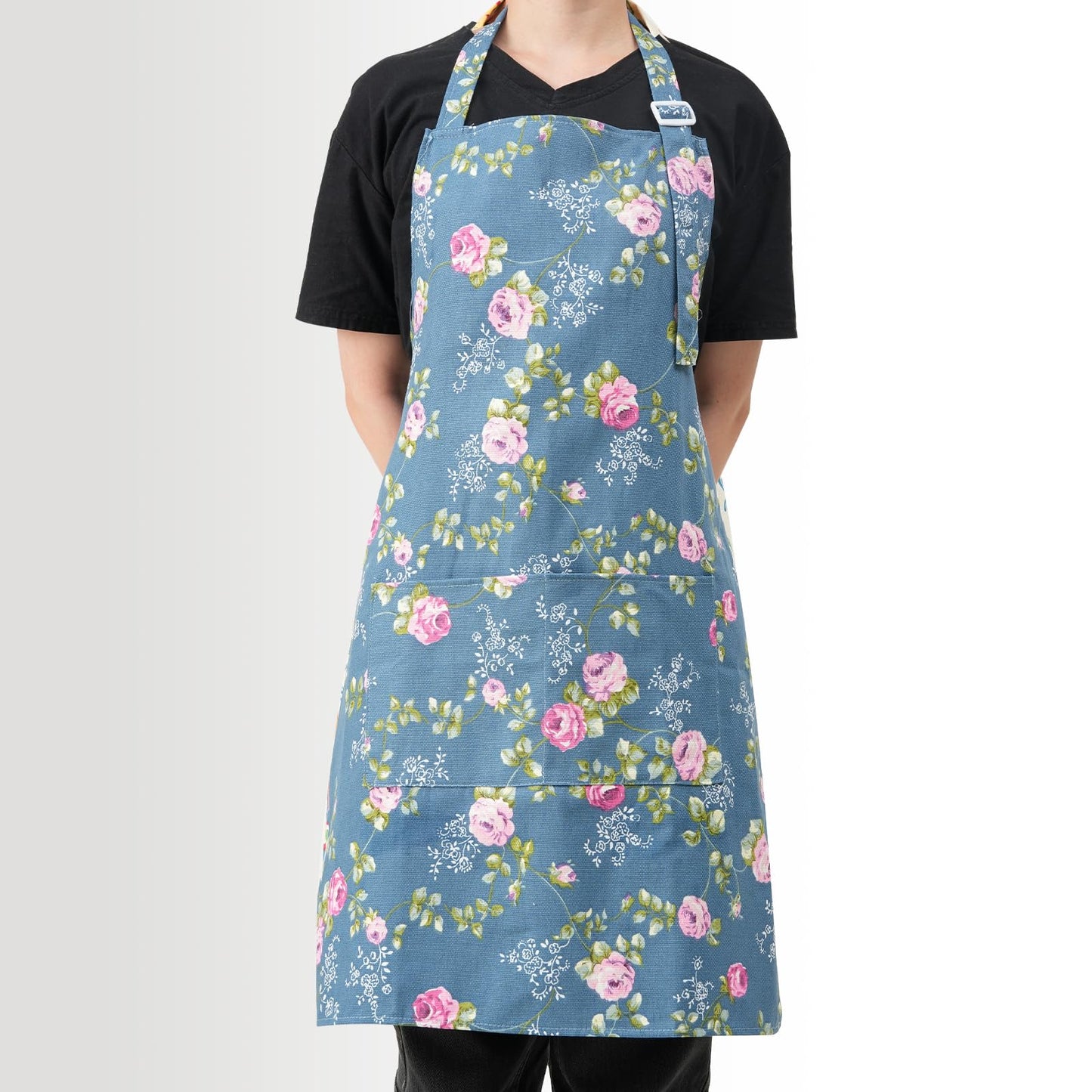 DILLMAN Aprons for Women with Pockets Cotton Linen Cooking Kitchen Baking Soft Durable Floral Gardening Apron (Blue)